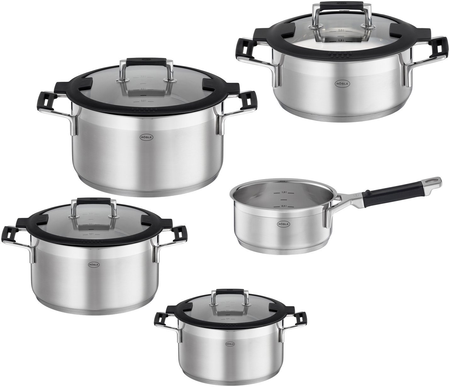 RÖSLE Kochtopf Topf-Set SILENCE PRO, Edelstahl 18/10, mit Deckel, Edelstahl 18/10 (5-tlg), induktionsgeeignet