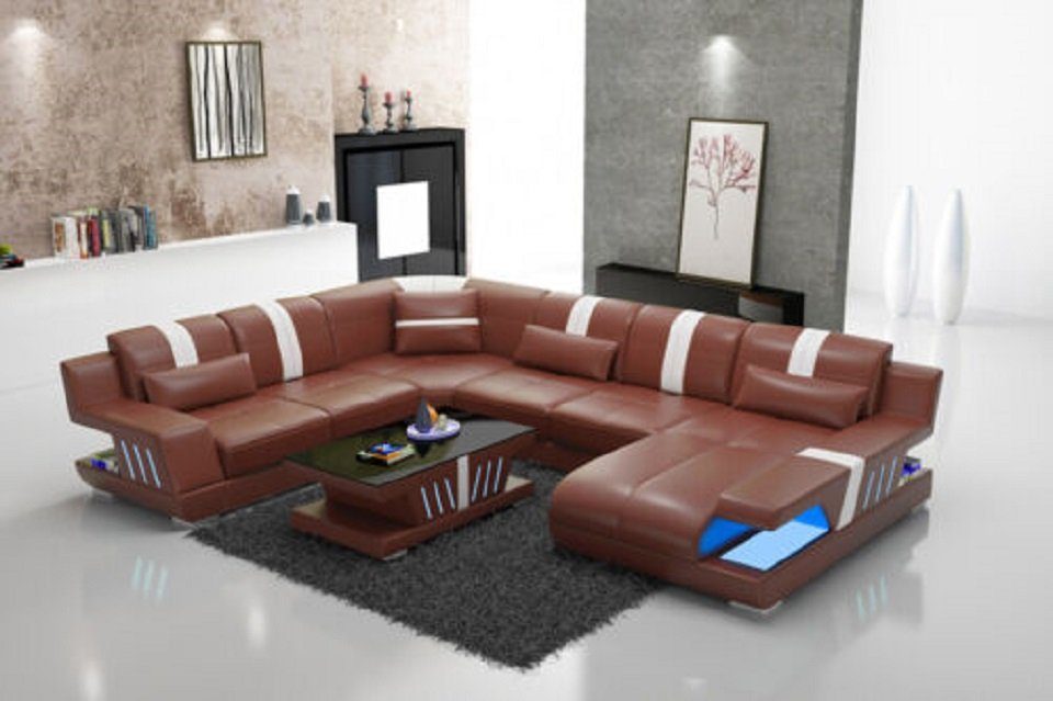 JVmoebel Ecksofa Sofa UForm Ledersofa Couch Wohnlandschaft Design Modern Sofas Braun/Weiß