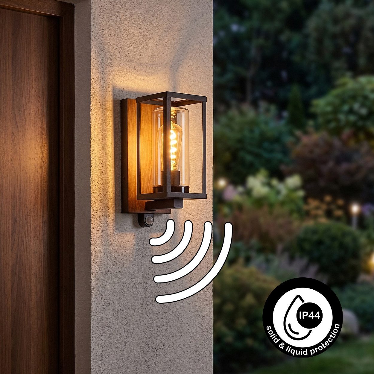 hofstein Außen-Wandleuchte Außenleuchte mit Bewegungsmelder aus Metall/Glas in Schwarz-Braun/Klar, ohne Leuchtmittel, Wandlampe für Terrasse/Hof, 1 x E27, ohne Leuchtmittel, IP44