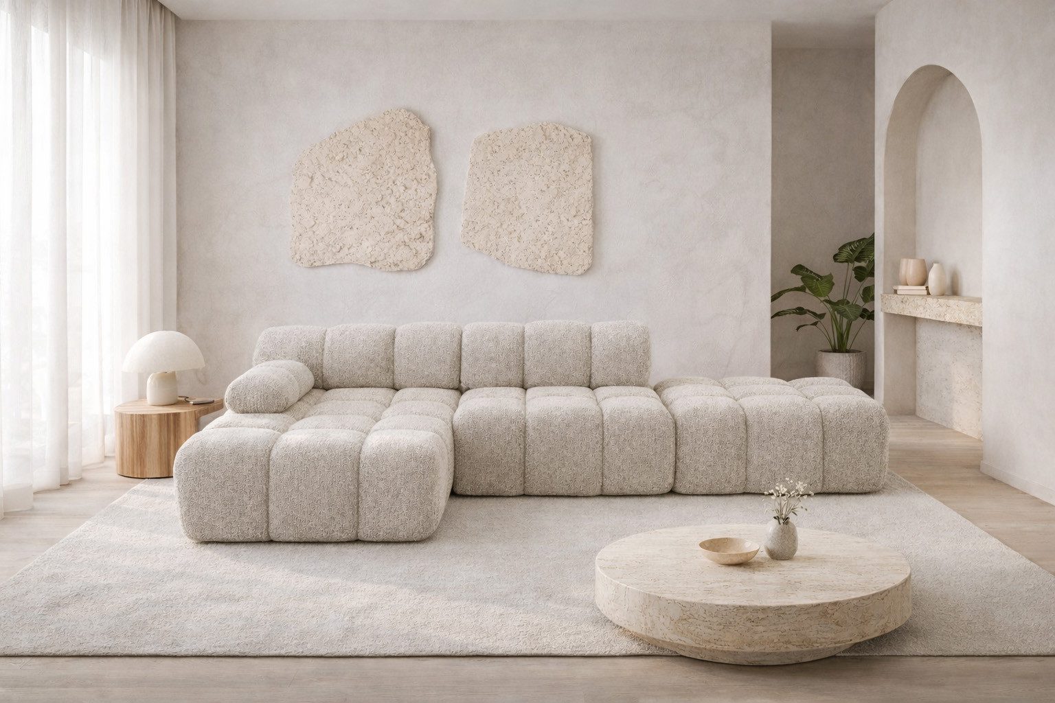 Kaiser Möbel Ecksofa modular mit Hocker, Sofa L-Form, Bouclé-Stoff Abriamo, Selia, Ecksofa mit Hocker, Modernes Design,Weiche, abgerundete Form,Hoher Sitzkomfort