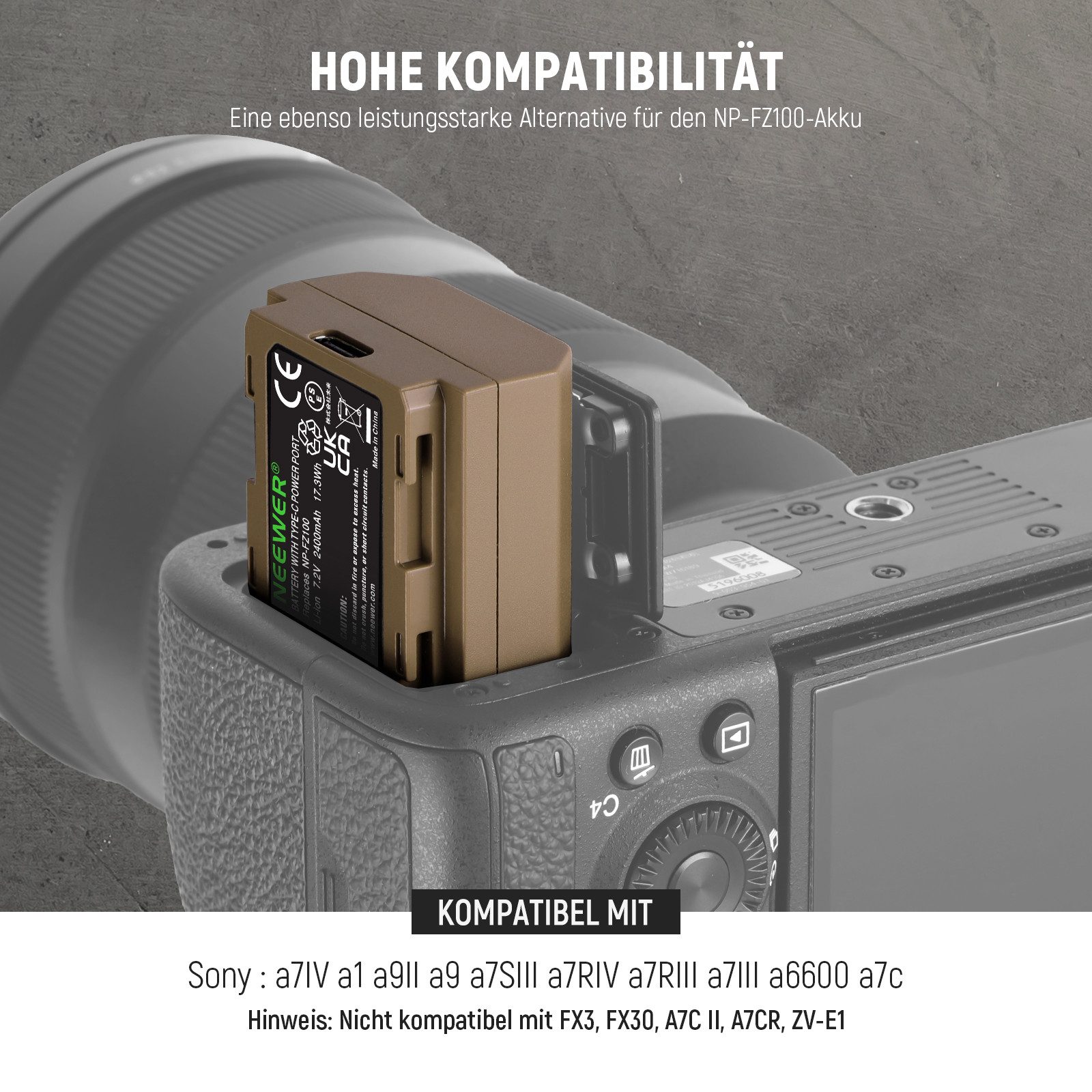 Neewer T-NP-FZ100 Akku 2400mAh, USB-C-Ladekabel, Schnellladung Kamera-Akku 2400 mAh (1 St), Ersatzbatterie für Sony A7CII ZV-E1 A6700 A7III FX3 A9II Kameras