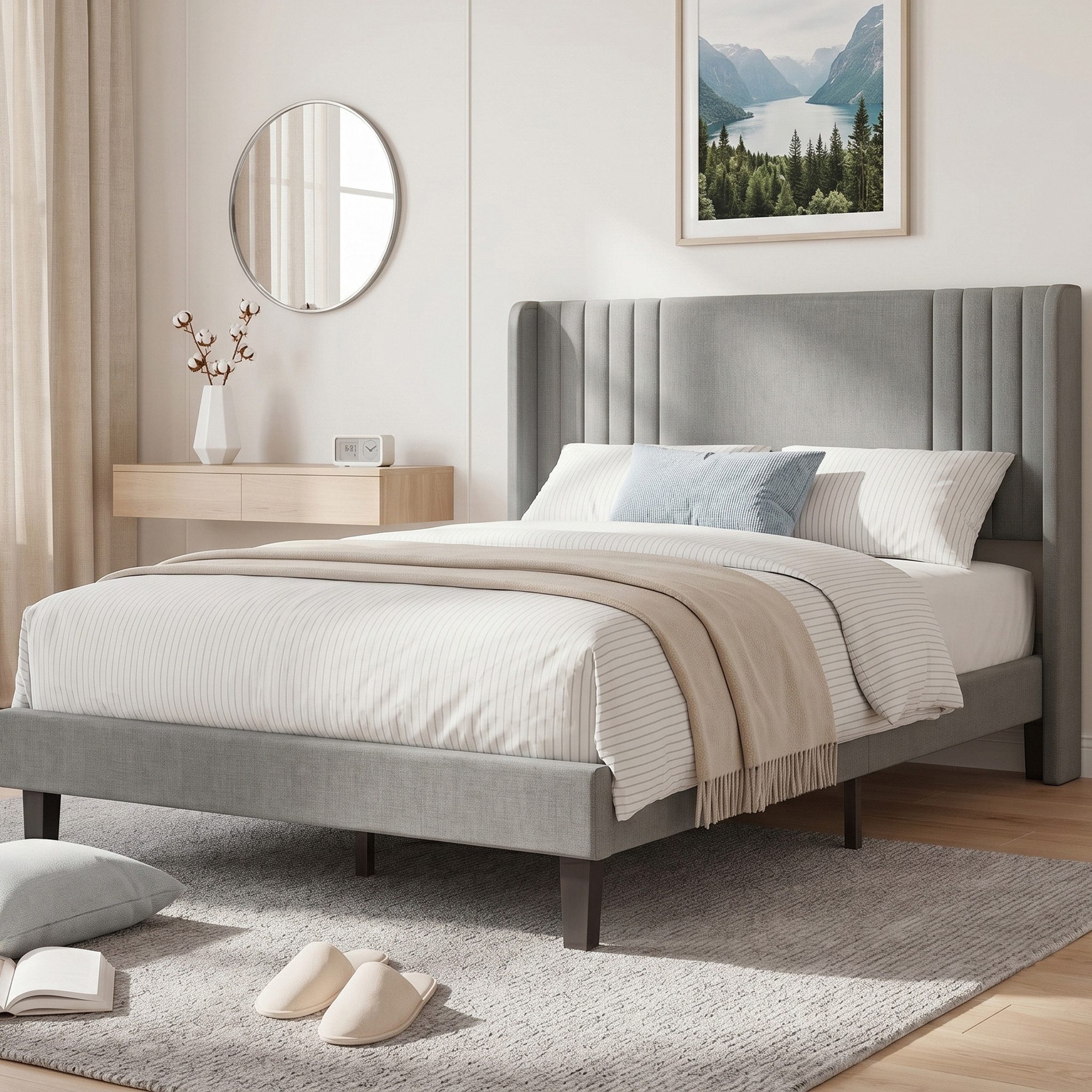 zebery Polsterbett Doppelbett mit Kopfteil und Bettgestell (Packung, 1-tlg), 90x200 cm,Jugendbett,Leinenstoff,Gepolstert,Grau