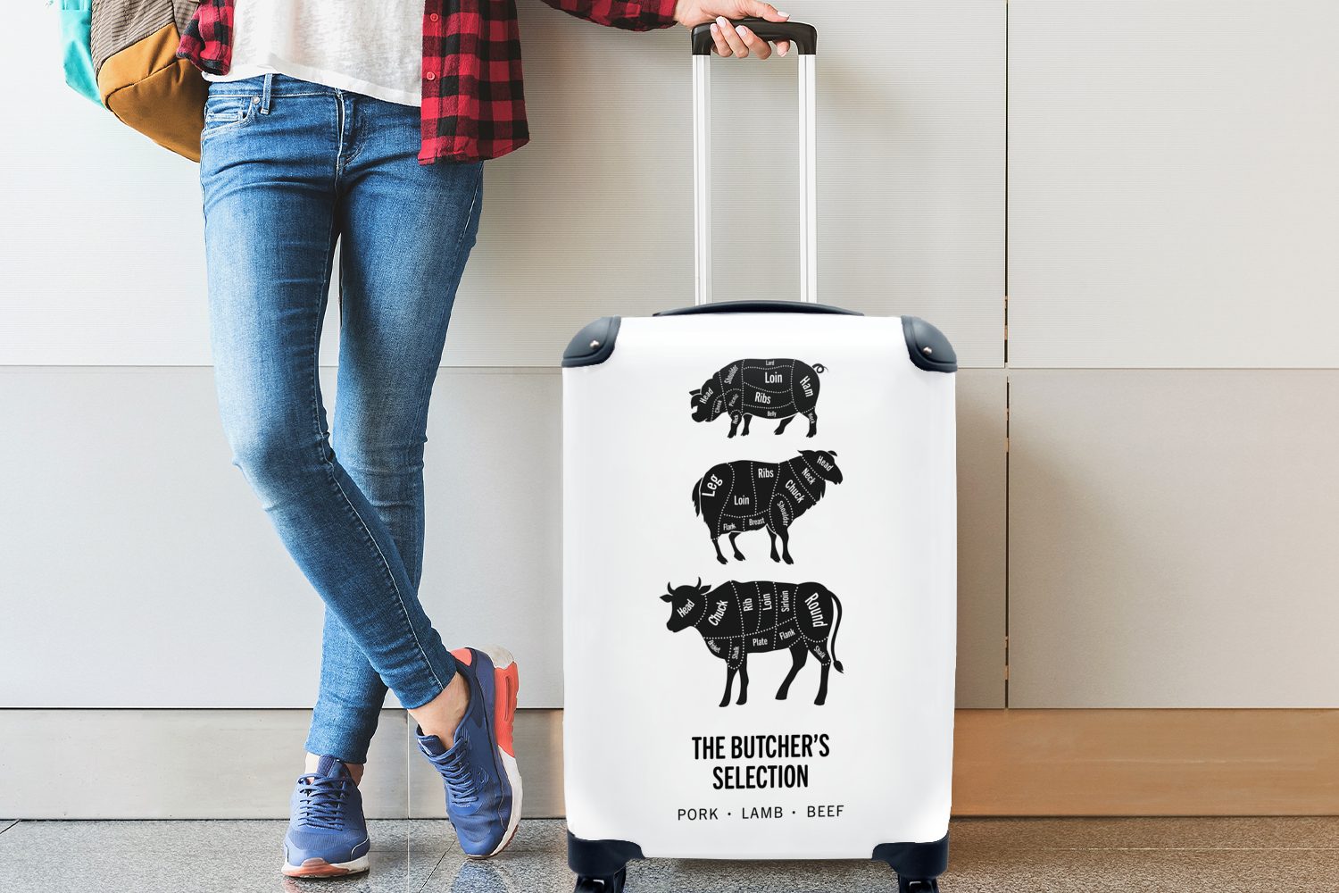 Küche mit Schwein Handgepäckkoffer Reisetasche rollen, - Ferien, für Reisekoffer Fleisch Lebensmittel, - Rollen, Handgepäck - MuchoWow Trolley, 4