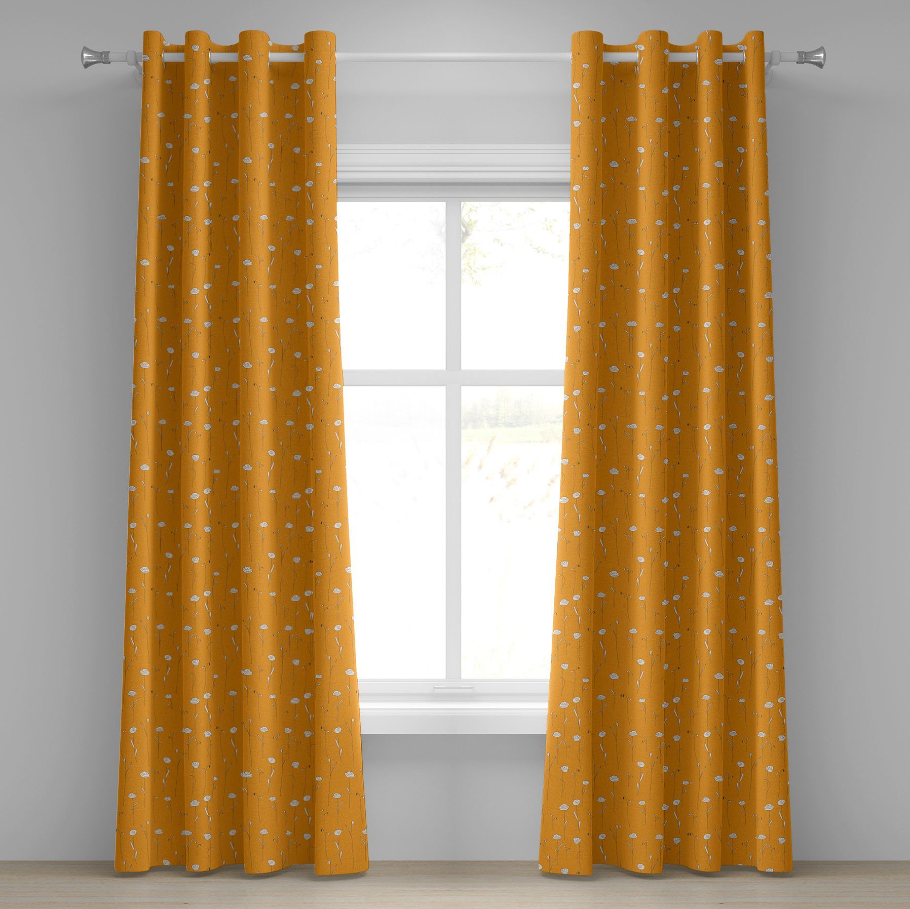 Gardine Dekorative 2-Panel-Fenstervorhänge für Schlafzimmer Wohnzimmer, Abakuhaus, Orange Abstrakte Gekritzel-Blumen