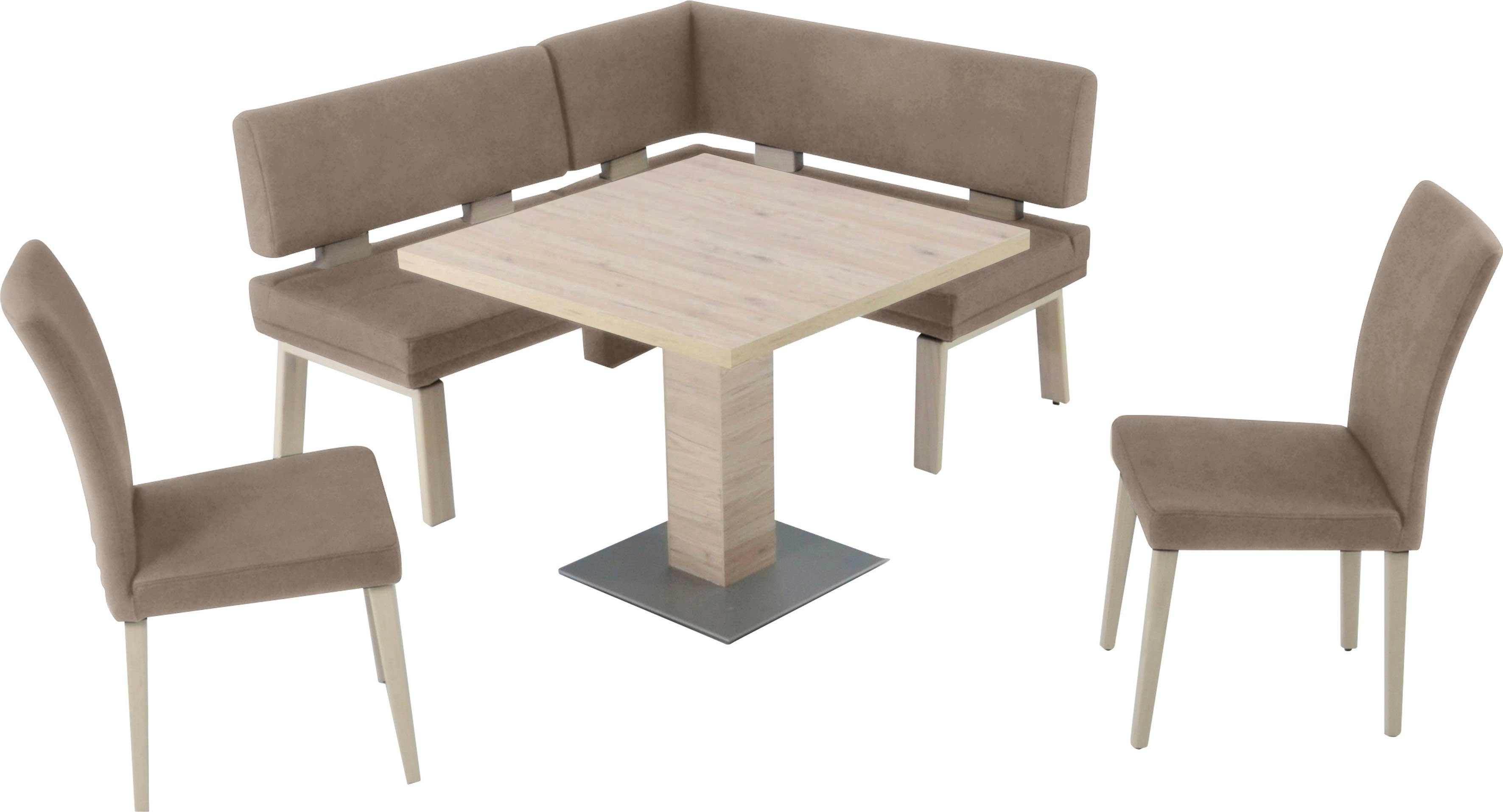 K+W Komfort & Wohnen Eckbankgruppe Santos I, (Set), rechts/links Schenkel 157cm, zwei 4 Holzstühle und Tisch 90x90cm sand