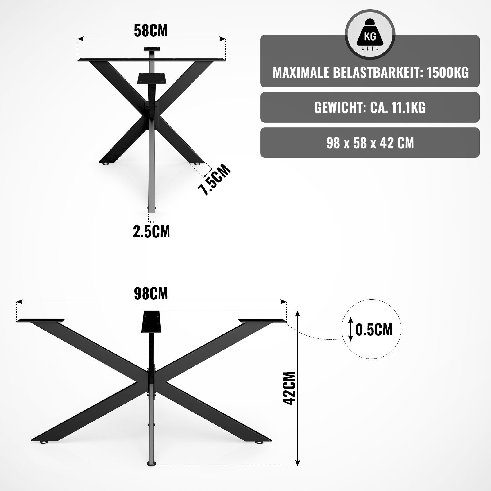 Kreuzgestell MIADOMODO cm, - 85/98/120/150 Spider, DIY Tischgestell Stahl, Schwarz,