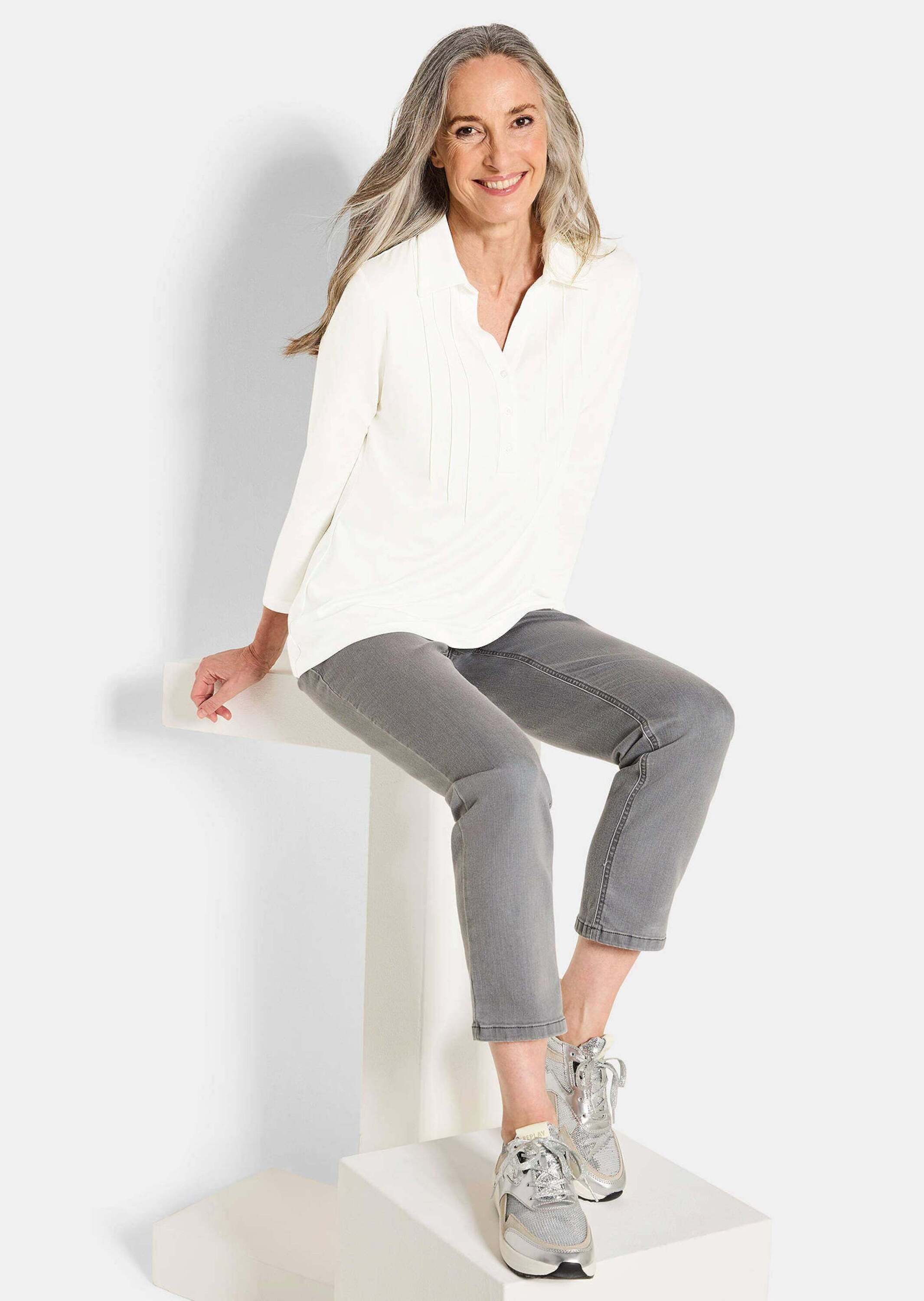GOLDNER Longshirt Kurzgröße: Halbarm Blusenshirt mit Hemdkragen Feminine Bluse mit V-Ausschnitt und Biesen, 3/4-Arm