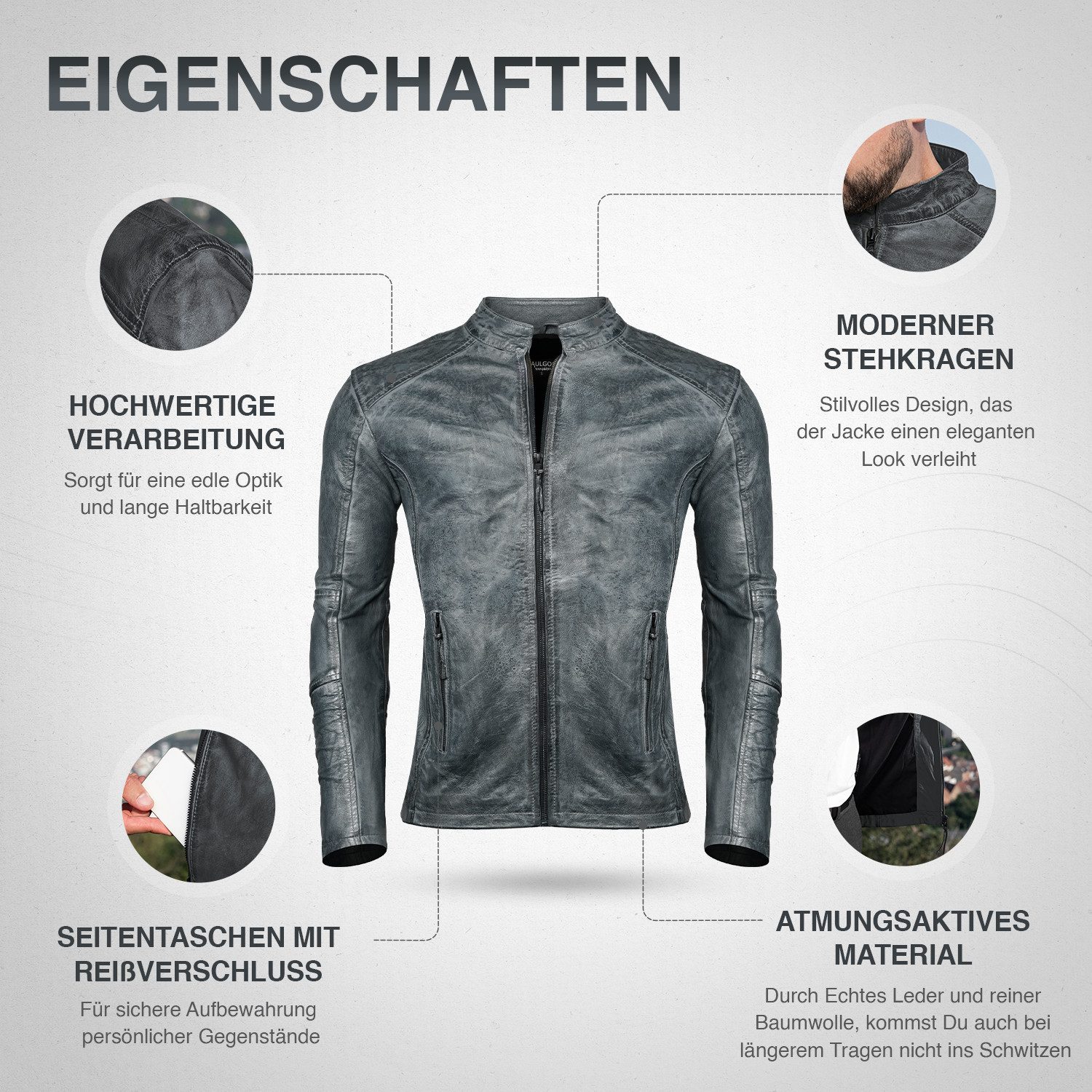 PAULGOS Lederjacke Herren Jacke Übergangsjacke Biker Look 100% Echtleder D3