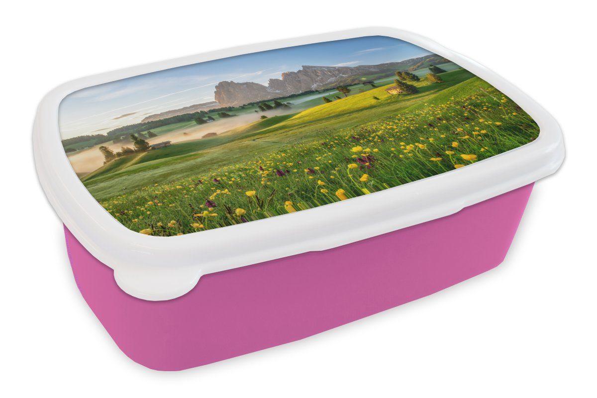 MuchoWow Lunchbox Natur auf der Alm, Kunststoff, (2-tlg), Brotbox für Erwachsene, Brotdose Kinder, Snackbox, Mädchen, Kunststoff rosa