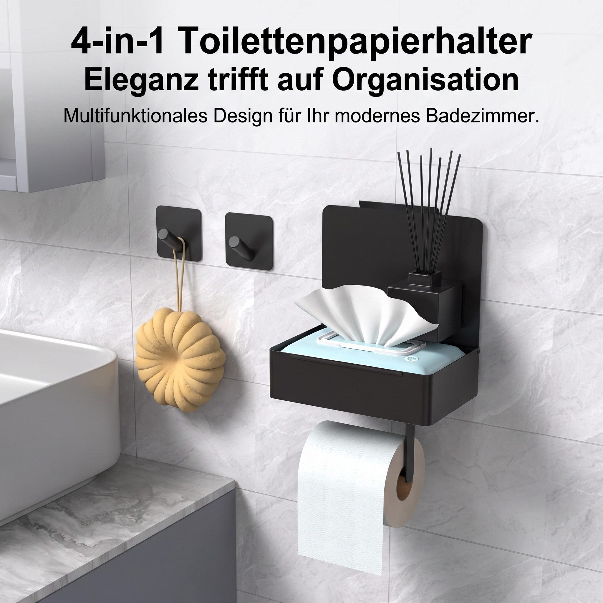 SURFOU Toilettenpapierhalter WC Papierhalter ohne Bohren schwarz 3in1 mit Ablage & Feuchttuchbox