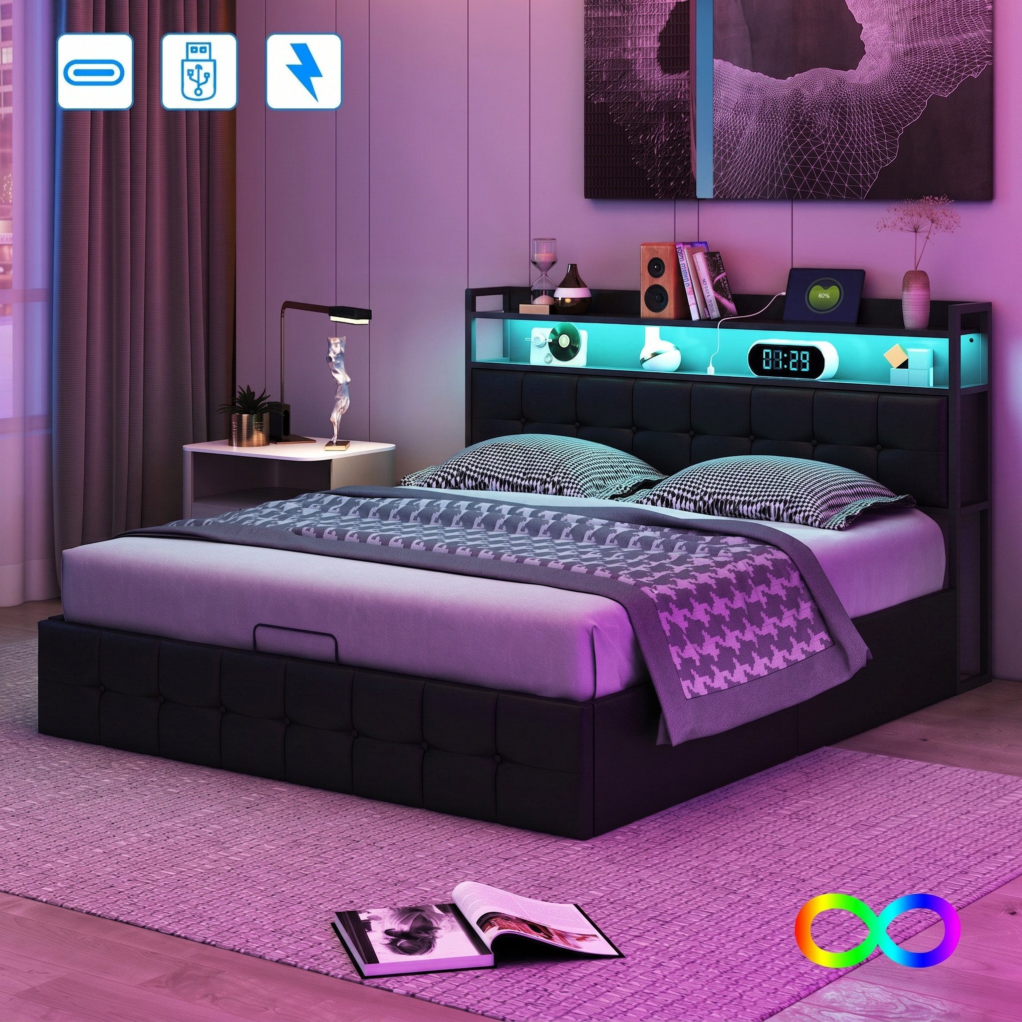 Gdood Polsterbett Stauraumbett Doppelbett LED (1 tlg., Inkl. Bettkasten), Mit LED-Beleuchtung, Ladefunktion, PU, 140x200 cm