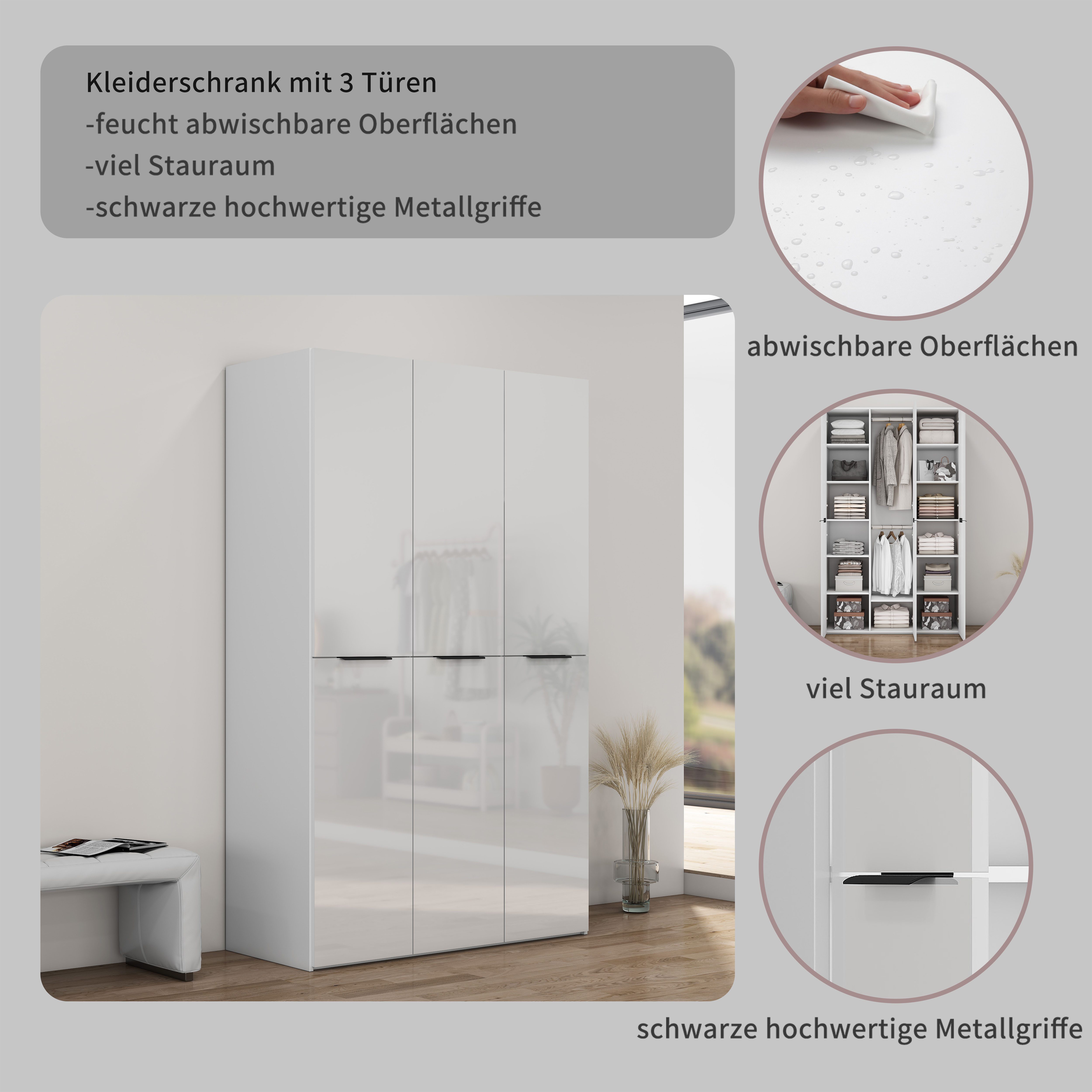 OTTO home Kleiderschrank Skyller Schlafzimmerschrank mit 3 Türen mit Hochglanzfronten Drehtürenschrank mit perfekter Innenausstattung, Breite 121 cm – Bild 5 von 5