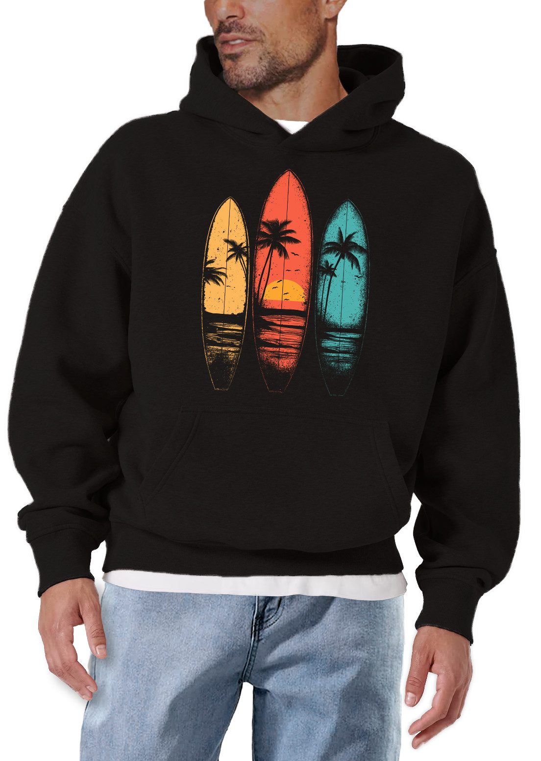 MAKAYA Kapuzenpullover Print Hoodie mit Surfbrett und Palmen – Retro Beach Style Schwarz (Schwarz, S, M, L, XL, XXL, XXXL, XXXXL) Baumwolle