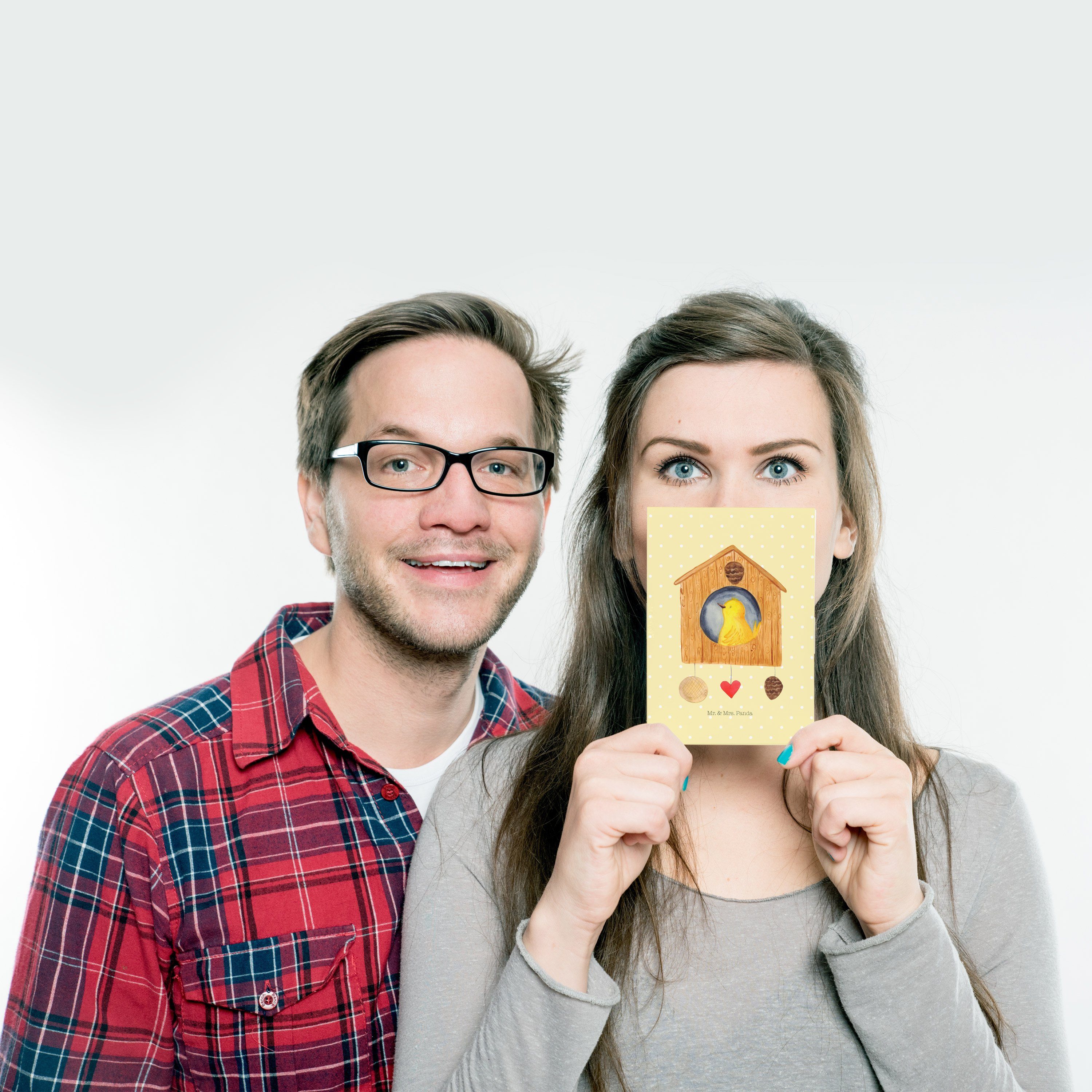 Mr. & Mrs. Ansichtskarte, Tiere - - Pastell Laune, Postkarte Geschenk, Vogelhaus Gelb Gute Panda