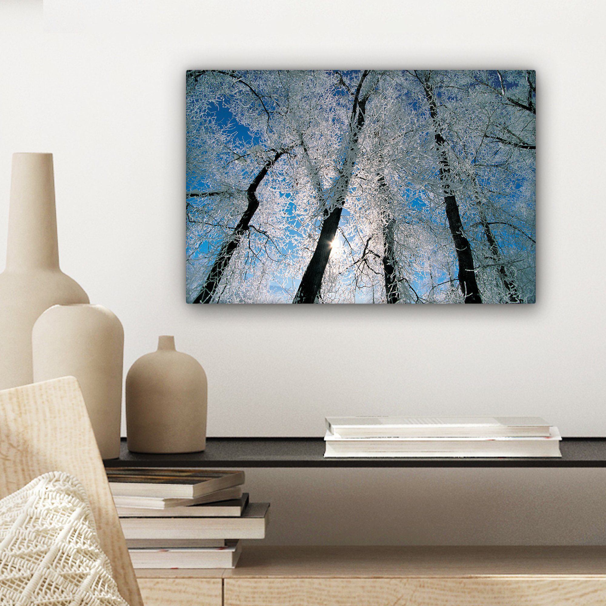 OneMillionCanvasses® 30x20 cm bedeckte St), Frost Wanddeko, Leinwandbild (1 Wandbild Bäume, Leinwandbilder, Aufhängefertig, Von