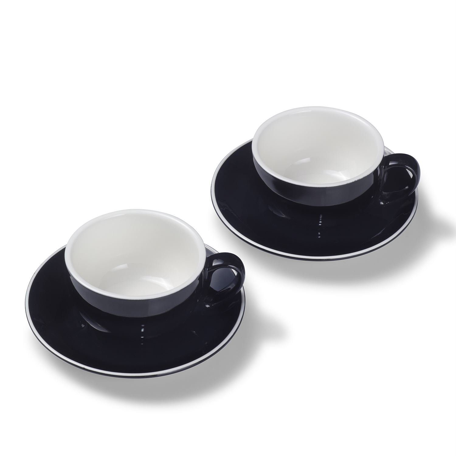 Terra Home Tasse 2er Milchkaffeetassen-Set, Schwarz matt 350 ml mit Untertasse, Porzellan, spülmaschinenfest,extra dickwandig