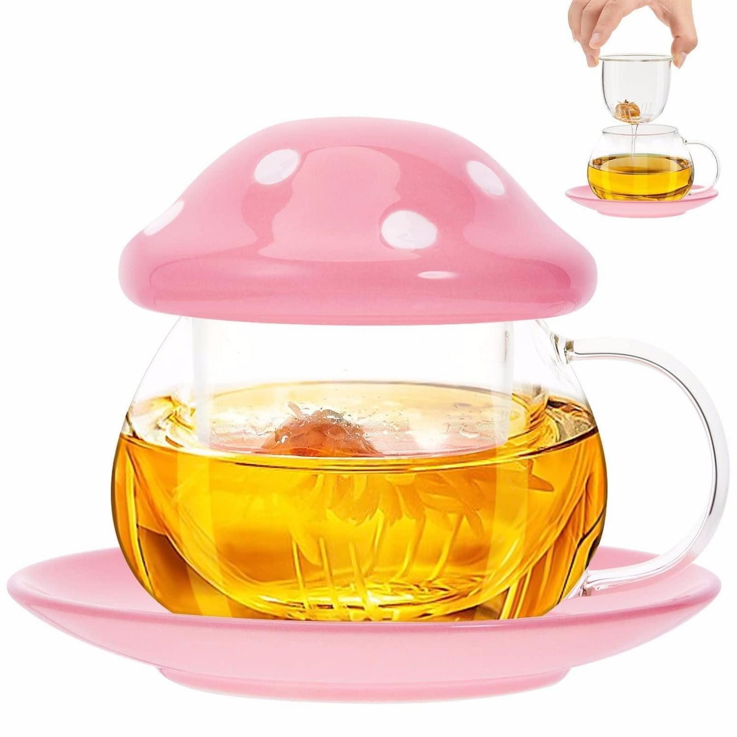 LuxusKollektion Tasse Pilz Tasse Glas mit Deckel & Sieb 290ml rosa, Glas