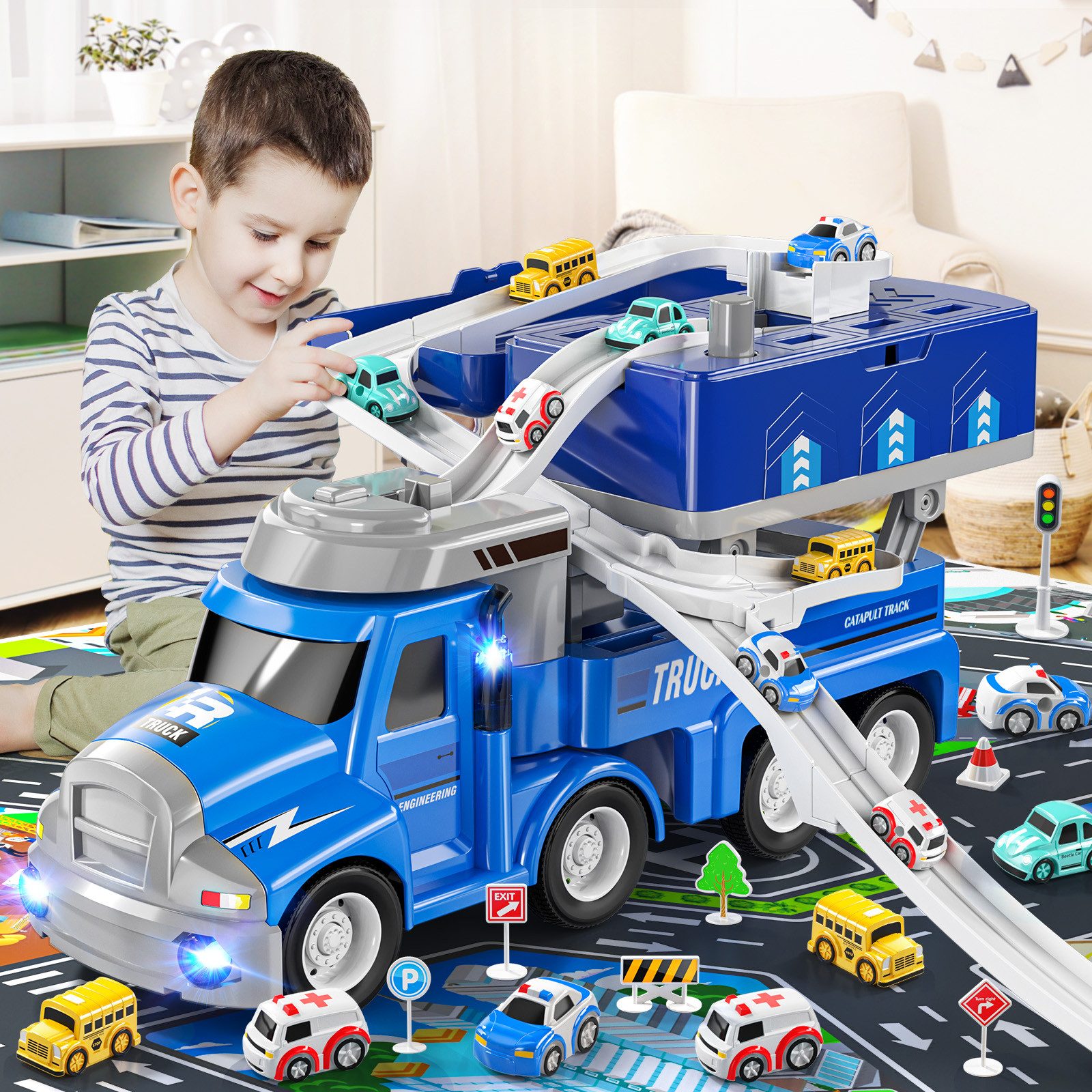 TEMI Spielzeug-Auto Auto Abenteuer Spielzeug Auto Träger Spielzeug mit 8 Mini Fahrzeuge, (Set, 1 x Spielzeugauto,8 x Kleinwagen,1 x Karte), Ausgestattet mit Ton und Licht, abnehmbare Schieberkombination