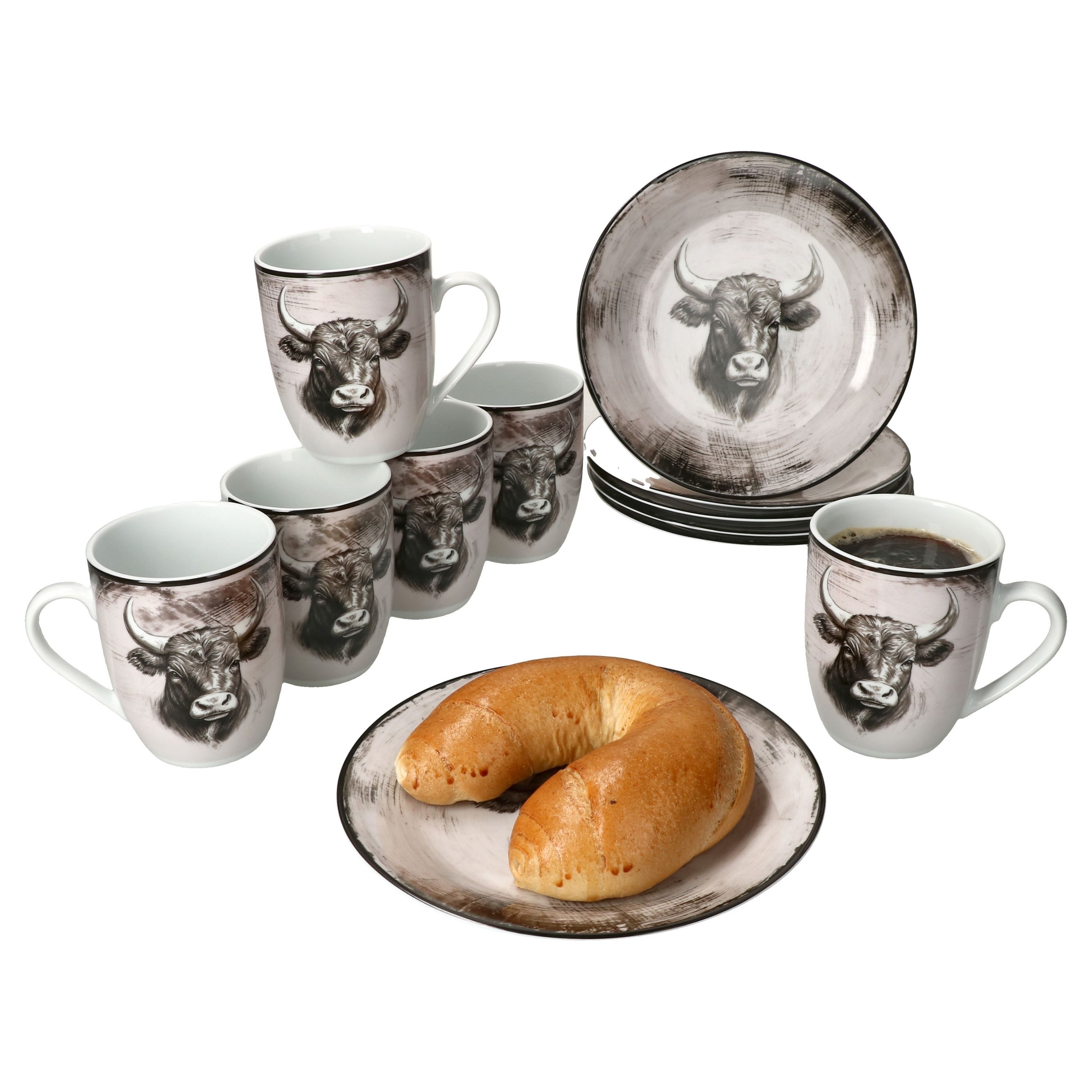 MamboCat Frühstücks-Geschirrset Toro 12tlg Frühstücksset Porzellan Landhaus Kuhmotiv 6 Becher Teller, Porzellan