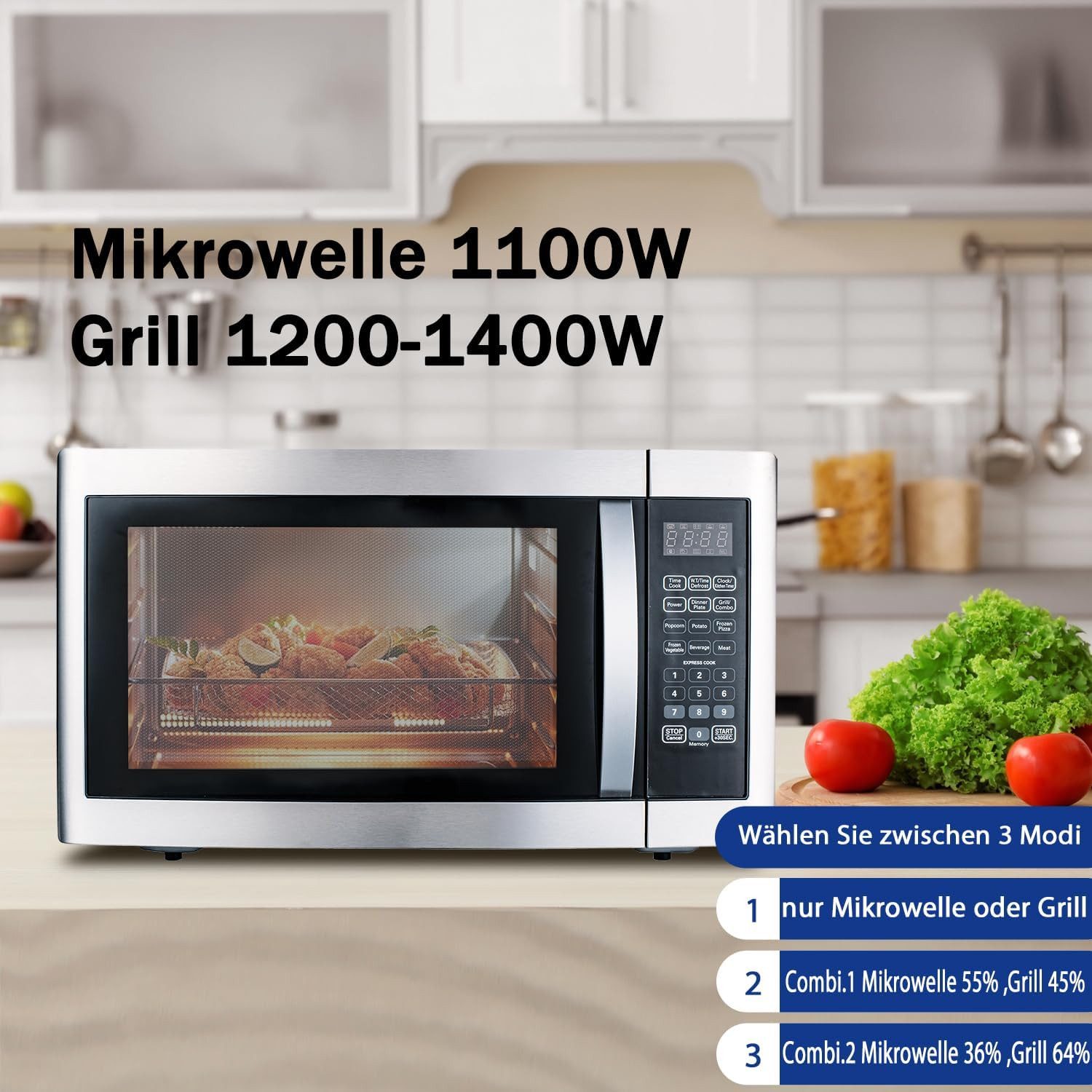 Smad Mikrowelle Großvolumiger, multifunktionaler Mikrowellenofen mit 11 Leistungsstufen und 6 Kochprogrammen., Grill, 42 l, 1100 W Mikrowellenleistung + 1400 W Grillleistung