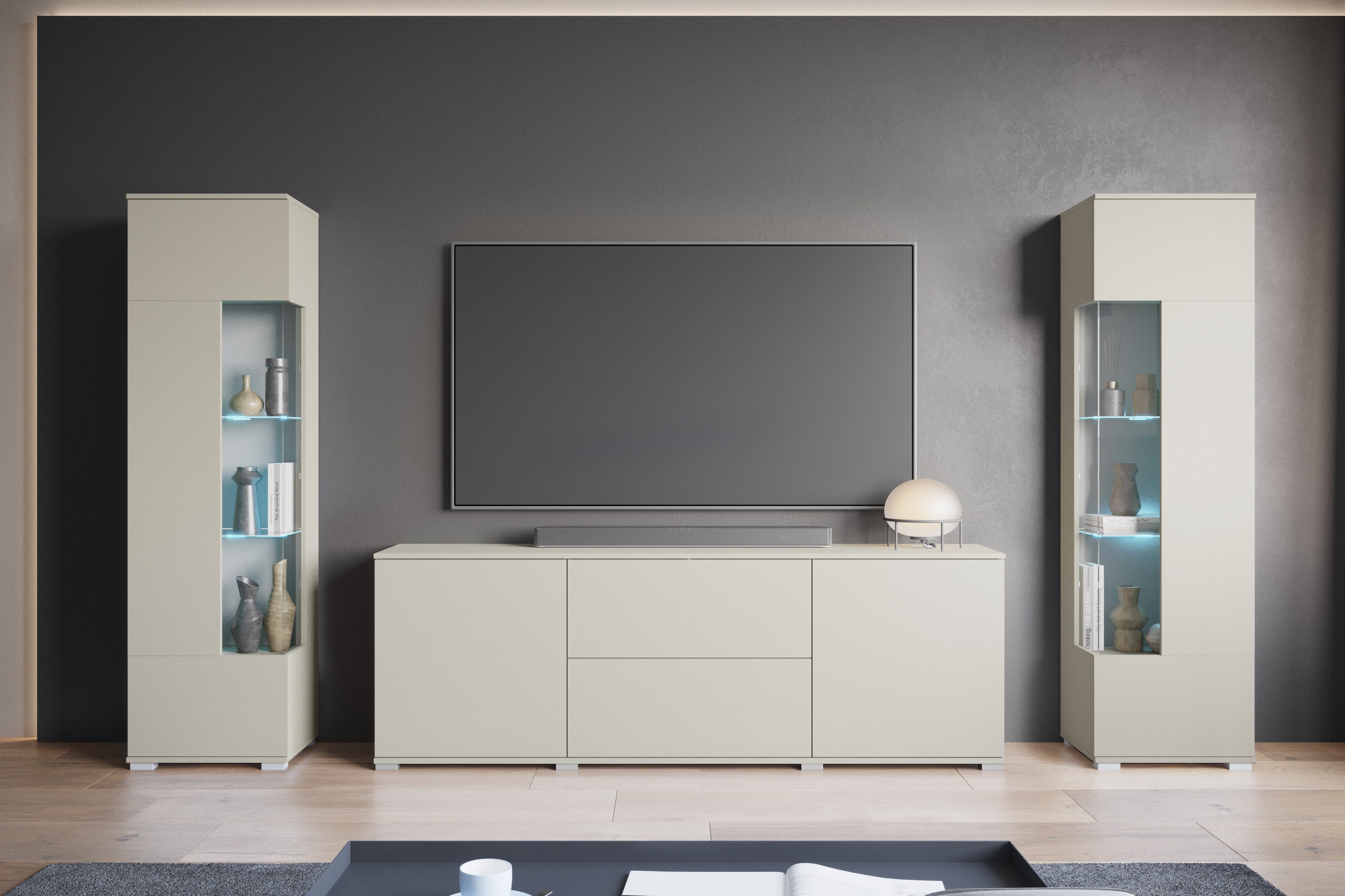 INOSIGN Wohnwand KENIA, (Komplett-Set, 3-St), Vitrinen mit Eckverglasung, hängend und stehend montierbar