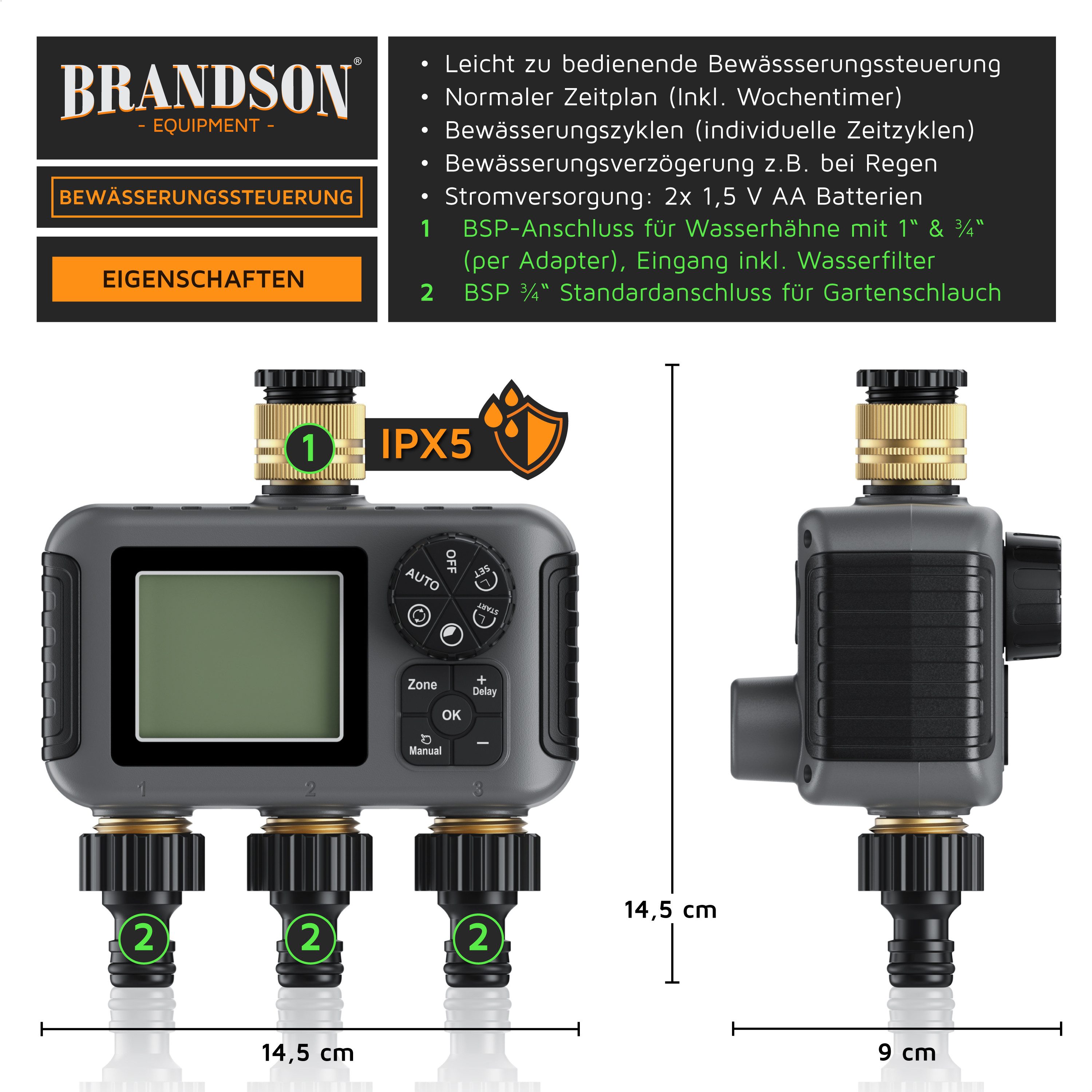 Brandson Bewässerungscomputer 3-Zonen Bewässerungssteuerung, Garten Bewässerungssystem, 3 Ausgänge, (6-tlg., Digitaler Bewässerungstimer), Regenverzögerung bis 15 Tage, Wasserfilter, Gartenbewässerung Timer