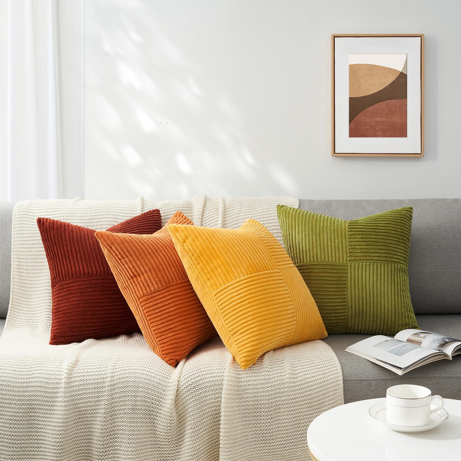 Topfinel Kissenbezug 40x40 4er set Kissenbezüge 50x50 Kordsamt mit Streifen deko Sofa, kissenbezug Gelb-Orange Farbverlauf Schlafzimmer Weich Hautfreundlich