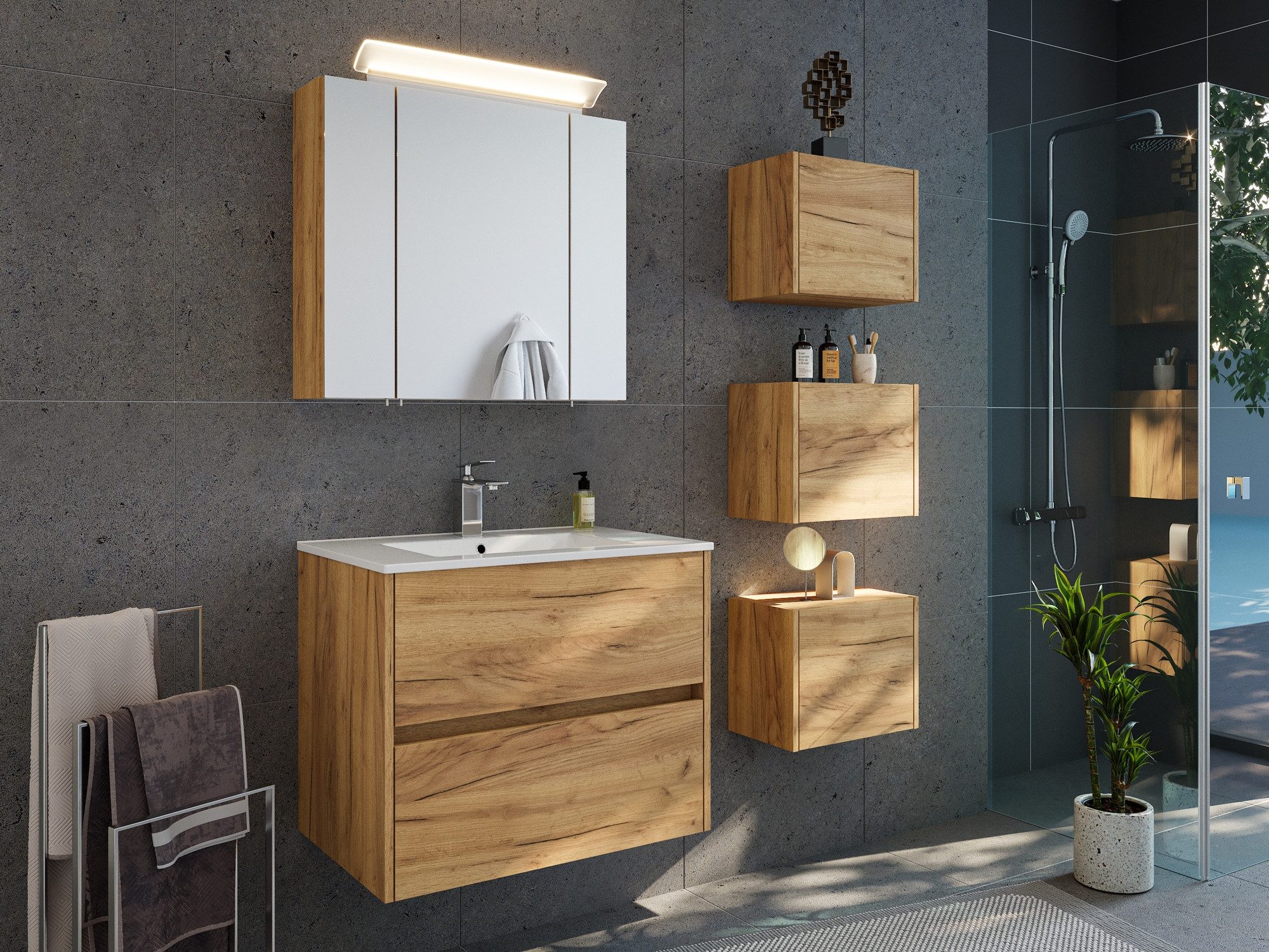 Posseik Badmöbel-Set Badmöbelset 5-teilig "Limes 70" Eiche Gold