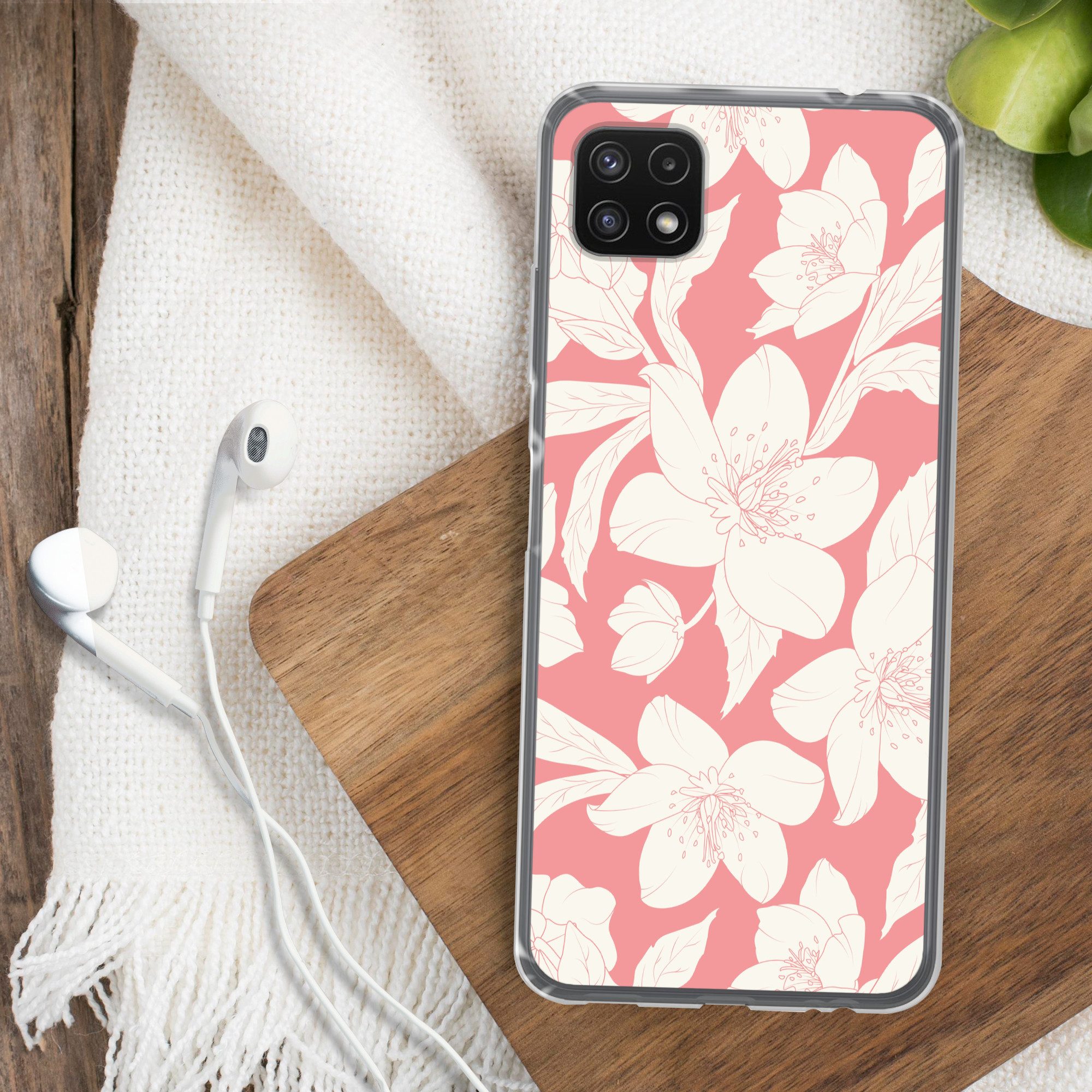 MuchoWow Handyhülle für Samsung Galaxy A22 5G Blumen - Muster - Rosa - Weiß, Smartphone-Bumper, Print, Handy Schutzhülle Dünn