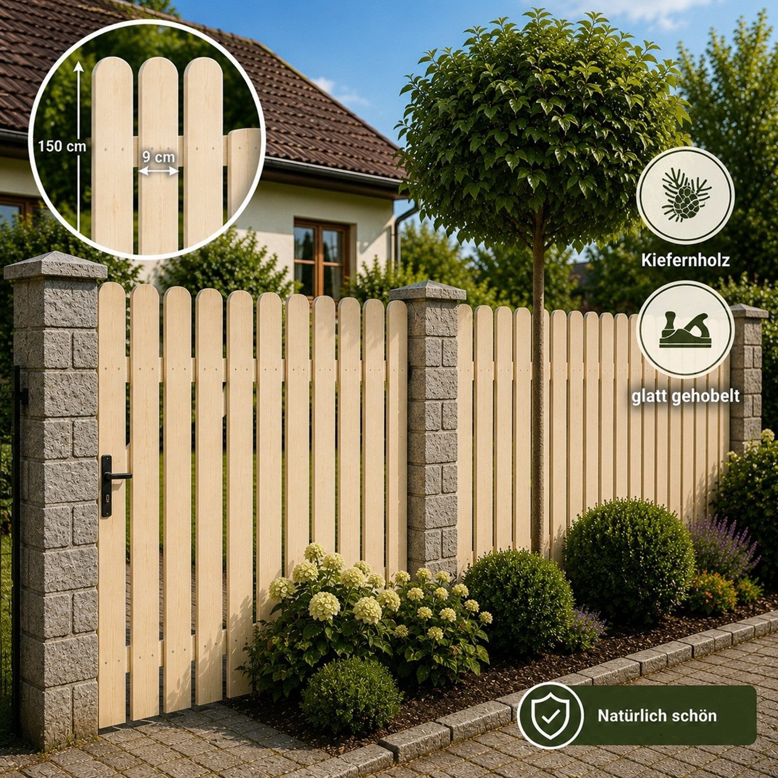 QLS Holzzaun 1 Stk. Zaunlatte 150 cm in 3 Farben, Holz Brett Kiefer Fichte Gehobelt Gartenzaun