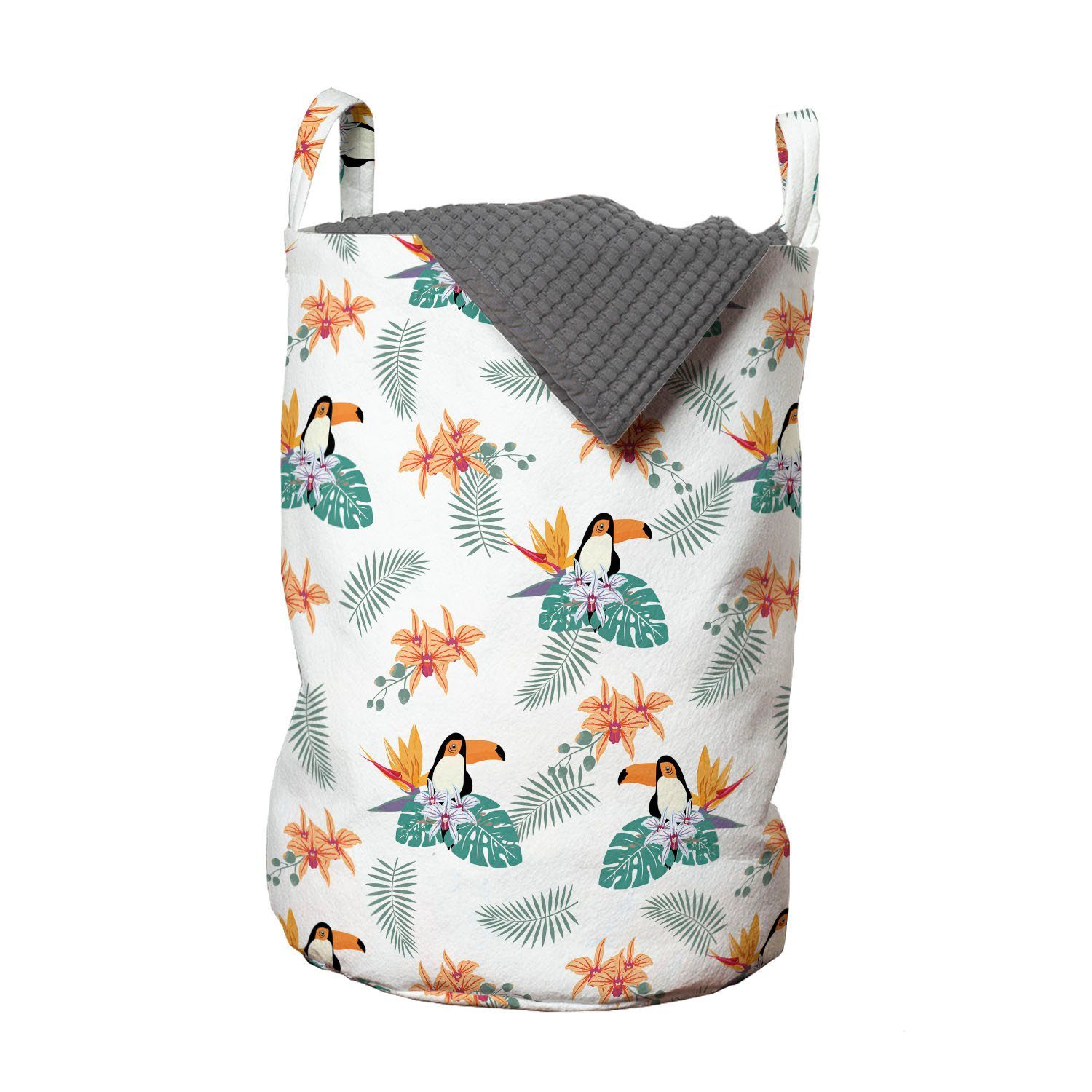 Abakuhaus Wäschesäckchen Wäschekorb mit Griffen Kordelzugverschluss für Waschsalons, Vögel Foxwood und Orchideen-Blumen