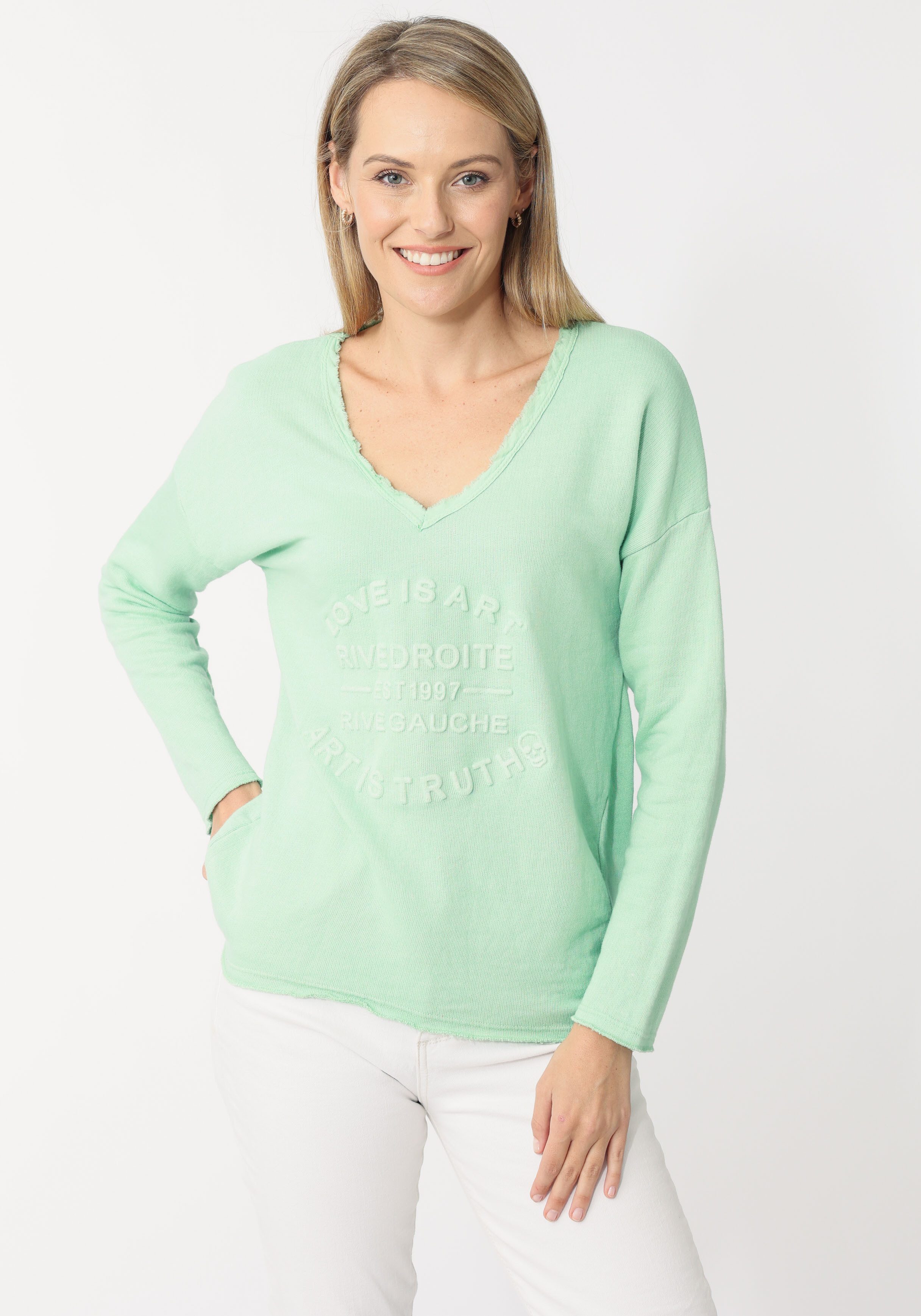 Zwillingsherz Sweatshirt ausgefranster V-Ausschnitt, Vintage Look, Langarm