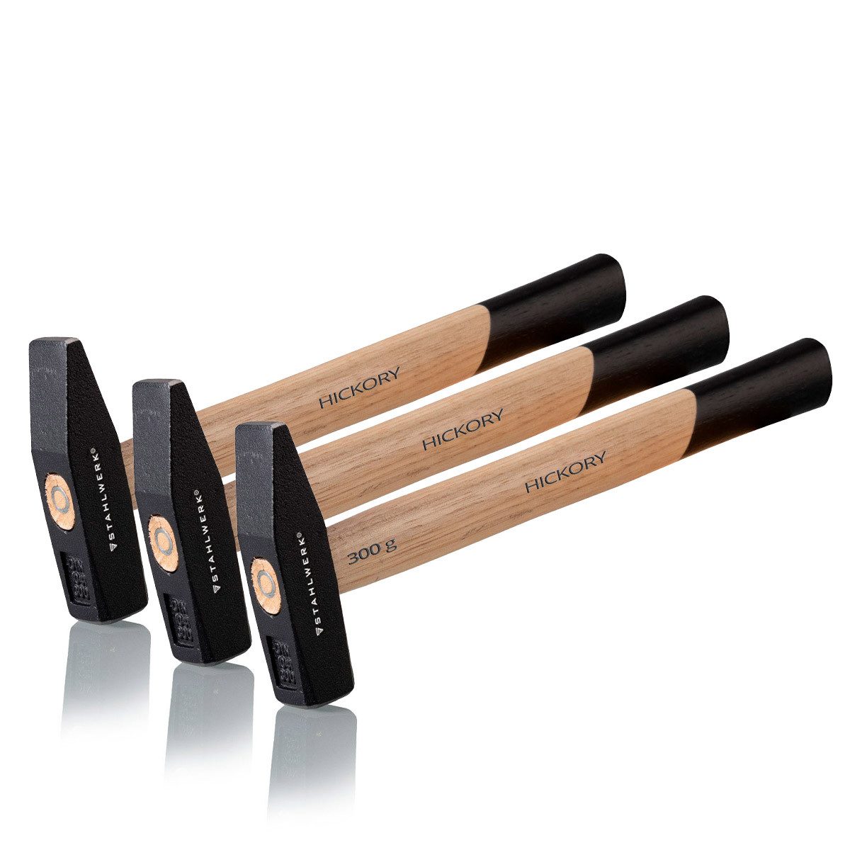 STAHLWERK Hammer 3 x Hammer Schlosserhammer 300g robuster Stahlkopf (Set, 3-St., Set), vibrationsdämpfender Griff aus Hickory-Holz