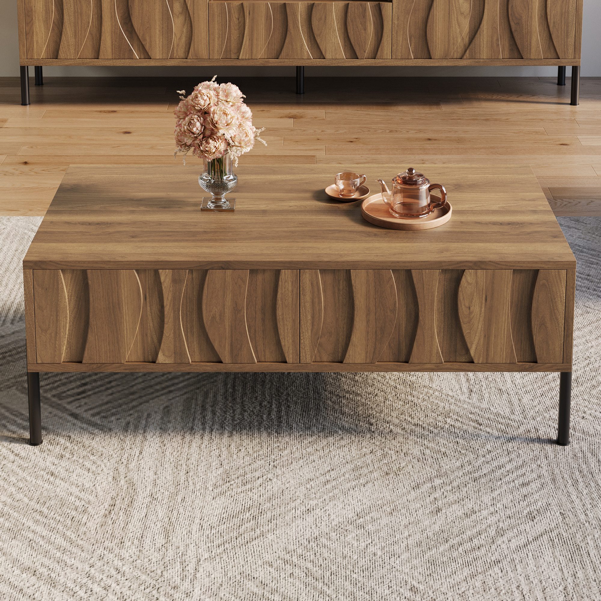 HAUSS SPOLE Couchtisch mit Schubladen,TV-Regal Lowboard mit Eisenbeine viel Stauraum (Packung, 1-St., mit 4 schlanken Eisenbeinen), Einzigartige Holzmaserung, Schubladen mit wellenförmiger Linie