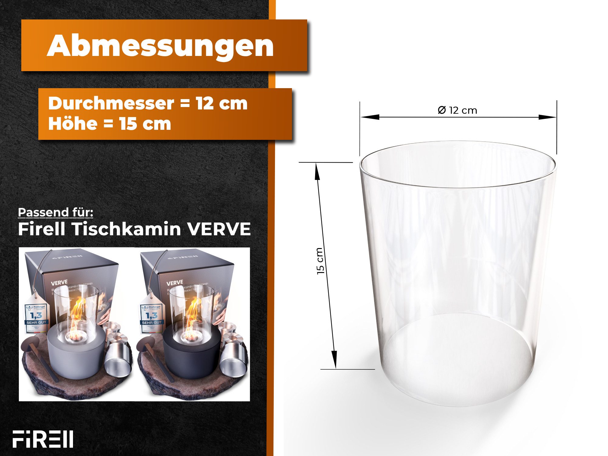 FIRELL Tischfeuer Ersatzglas 12 x 15 cm (für Firell Tischkamin VERVE & DIY-Kamine), Sicherheitsglas, geschliffene Ränder, Hitzebeständig, transparent