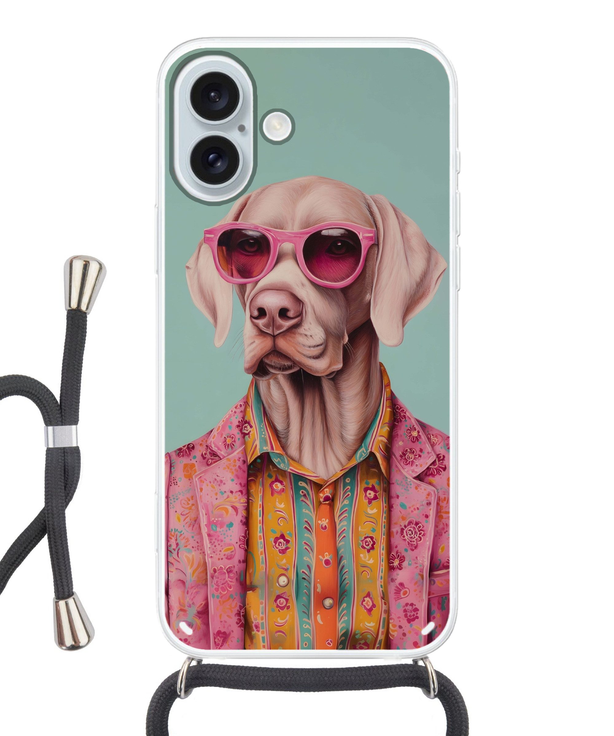 MuchoWow Handyhülle für Apple iPhone 16 Plus Hund - Hemd - Blumen - Brille, Tragbare Handyhüllen mit Kette zum umhängen, Handykette Handyband