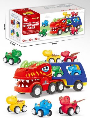XDeer Autorennbahn Dinosaurier Spielzeug ab 2 3 4 Jahre, 4 in 1 Dino Truck für Kinder, mit Brüllen Sound & Lichter, Reibungsbetrieben Autotransporter