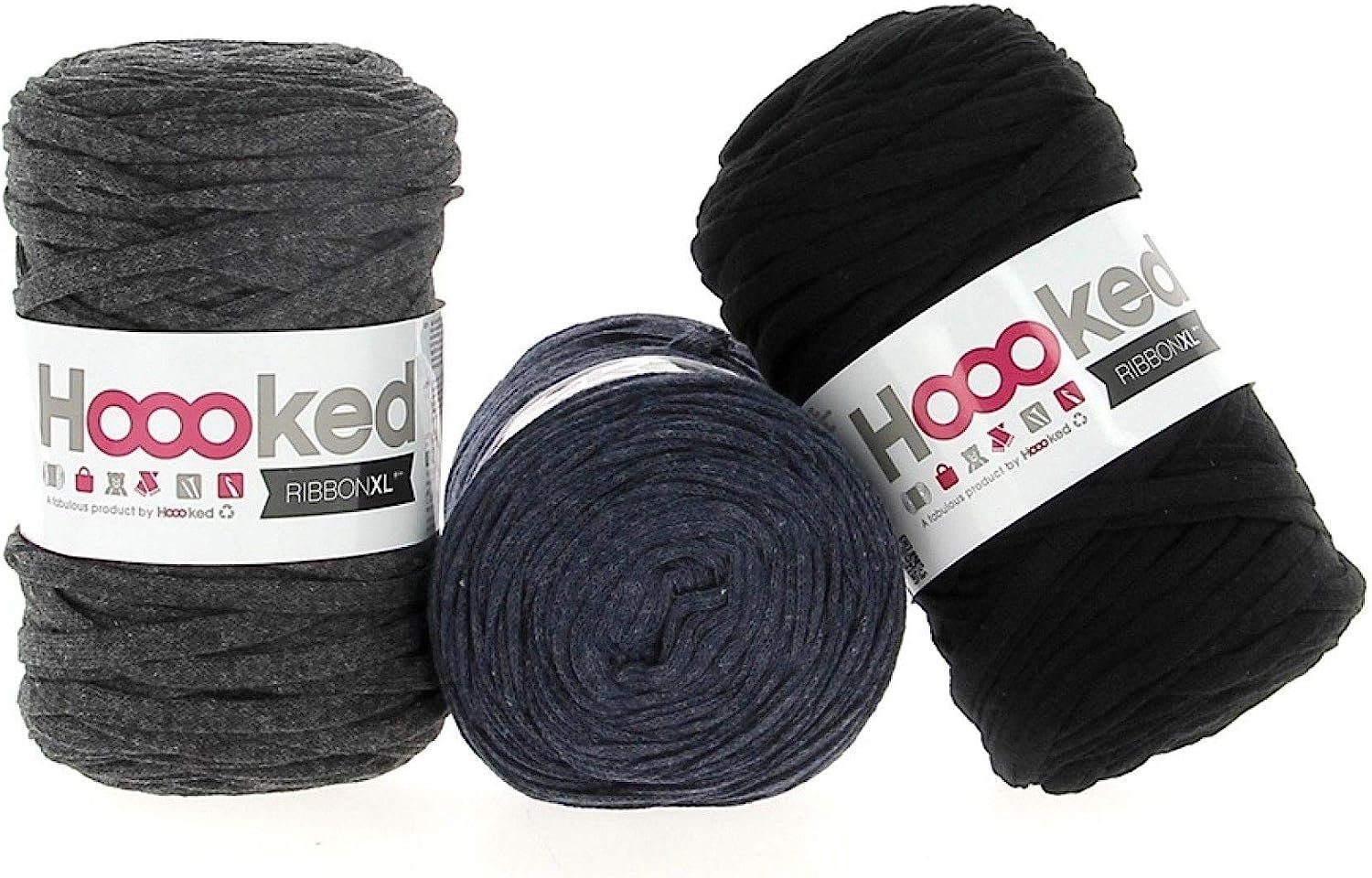 Hoooked Ribbon XL Garn 3 Stück Bundel Textilgarn DIY Häkelwolle, 360,00 m  (Wollpaket Baumwollgarn zum Stricken und Häkeln, Nadelstärke 8 - 12 mm),  Wolle Paket nachhaltig aus recycelten Materialien