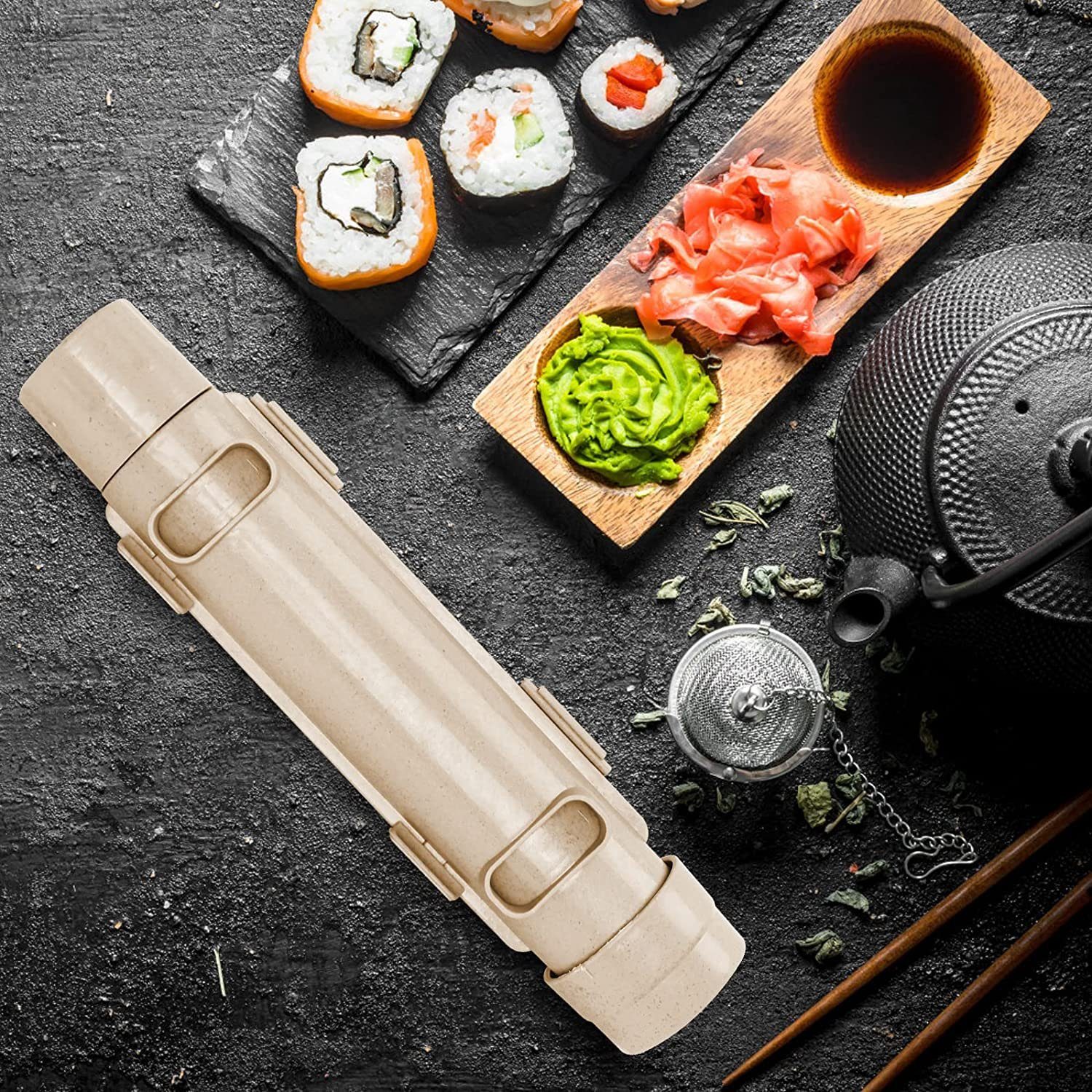 gemeinsame Sushi-DIY-Maschine, Beige NUODWELL Zubereitungswerkzeuge Sushiteller Sushi-Bazooka,