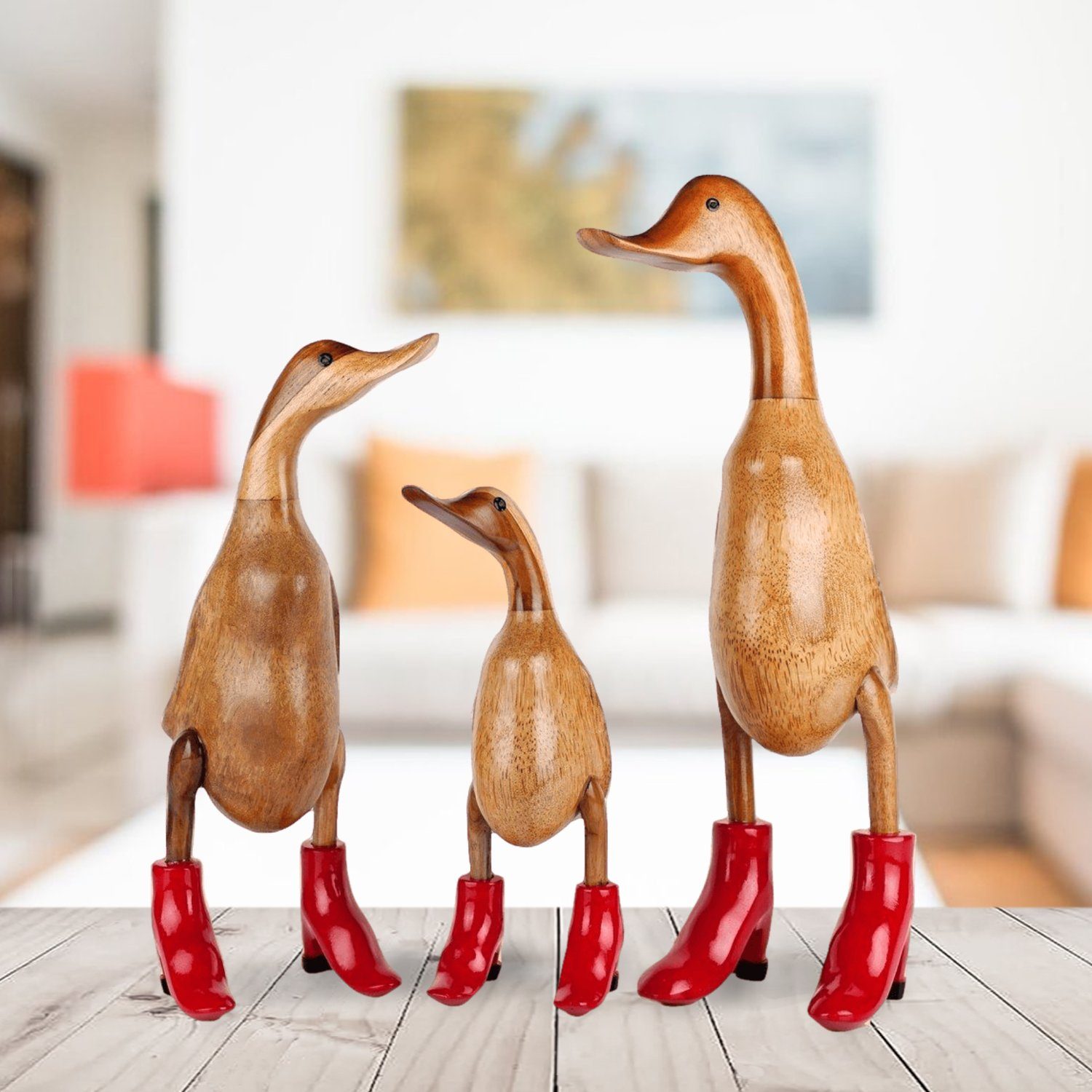 Set Handgefertigte Deko-Figur Holz Dekofigur DomDeco mit "Ente Rot (S+M+L) aus Absatz"