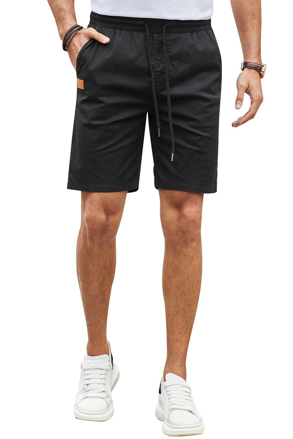 JMIERR Chinoshorts Kurze Hosen Herren Shorts Herren Sommer Chino S-2XL in Unifarbe, Elastikbund mit Tunnelzug Schwarz