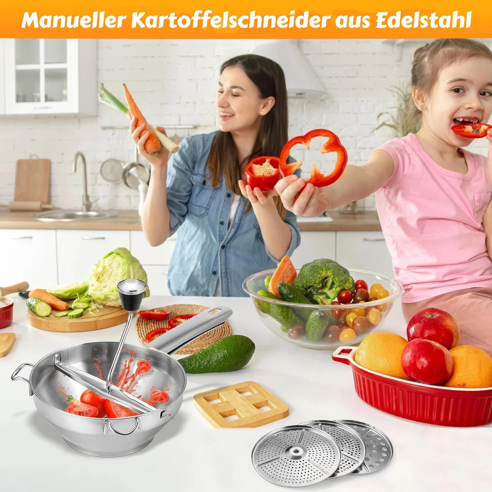 BlingBin Passiermühleneinsatz PassiermüHle Edelstahl, Passiergerät mit 3 Austauschbaren Lochscheiben, (1 Stück, 1-tlg), Handschalter Passiersieb Kartoffelpresse für Püree und Marmelade