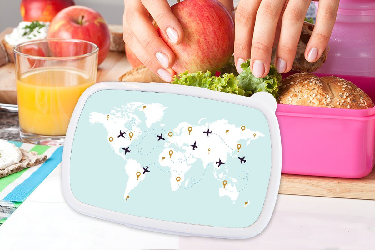 für Kunststoff Einfach, - Snackbox, Mädchen, Brotbox Kinder, - Erwachsene, Weltkarte rosa Kunststoff, Flugzeug MuchoWow (2-tlg), Brotdose Lunchbox