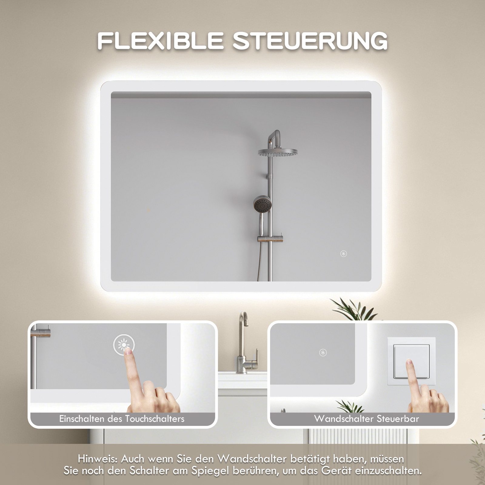 IMPTS Badspiegel Badezimmer Wand spiegel mit Beleuchtung Dimmbar-Funktion (Set, tageslichtweiß, IP44, Dimmbar, Vertikal/Horizontal Montage), Lichtspiegel Beschl – Bild 5 von 5