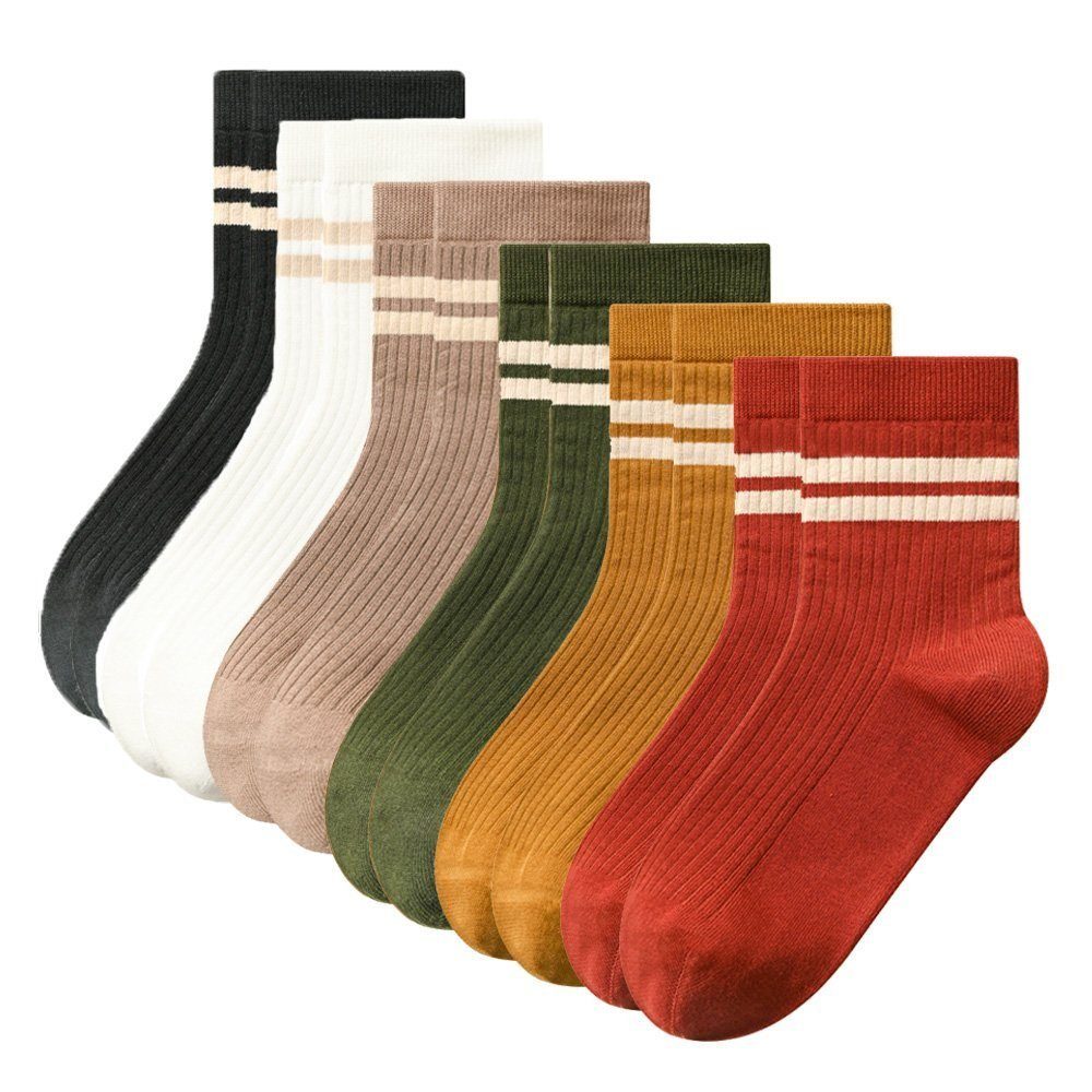 AUKUU Socken Socken 6 Paar Damen Streifen Socken,Cotton Crew Socken Retro Socken für Damen (6-Paar) | Socken