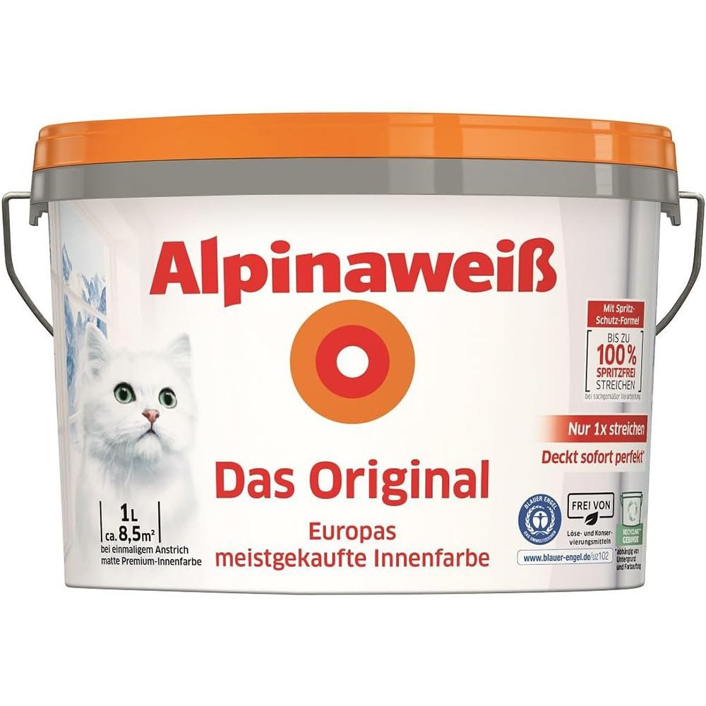 Alpina Wandfarbe Alpinaweiß Das Original Spritzfrei 1,0 Ltr. Wand- und Deckenfarbe