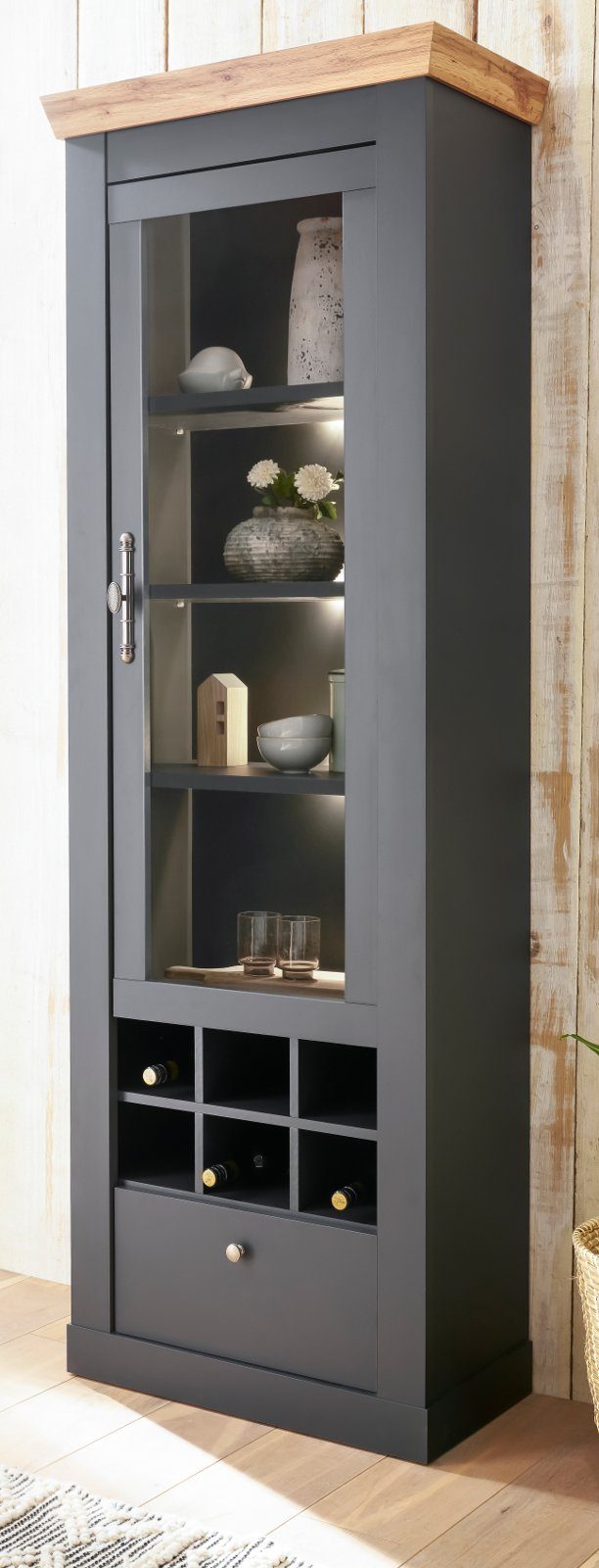 Furn.Design Standvitrine Ribera (Vitrine in matt grau mit Wotan Eiche, 72 x 201 cm) mit Soft-Close