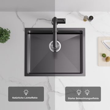 Auralum Küchenspüle Edelstahl Einbauspüle Küchenspüle Spülbecken+Niederdruck Küchenarmatur, 55 x 44 cm,Schwarz