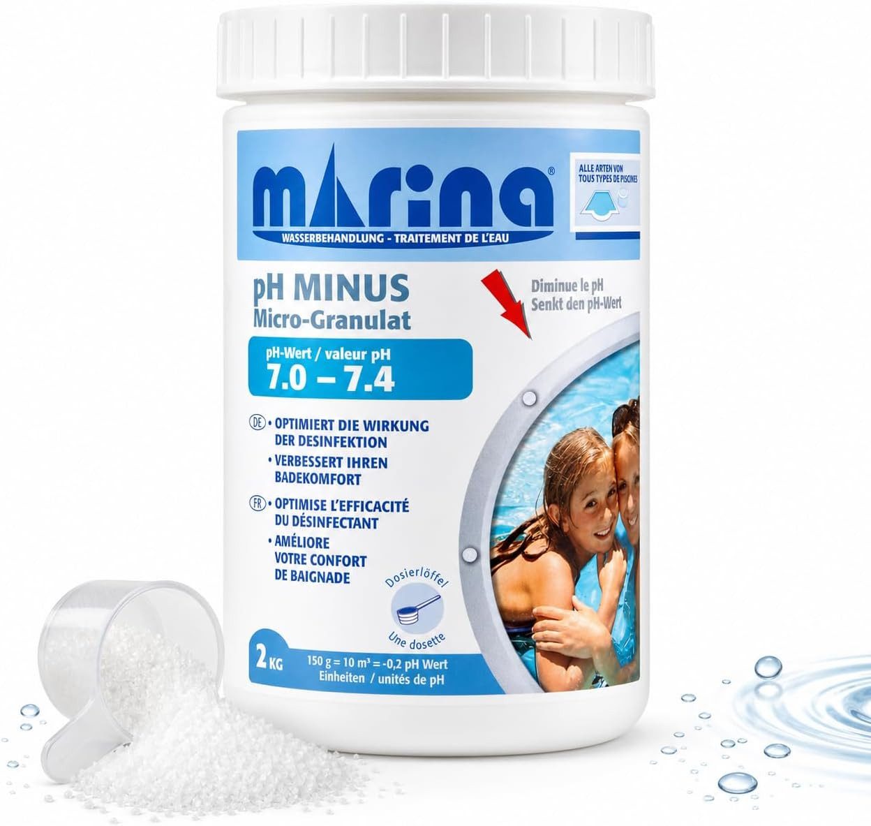 Marina Poolpflege pH Minus Granulat, (2kg), chlorfrei, für Pool/Spa und Schwimmbecken