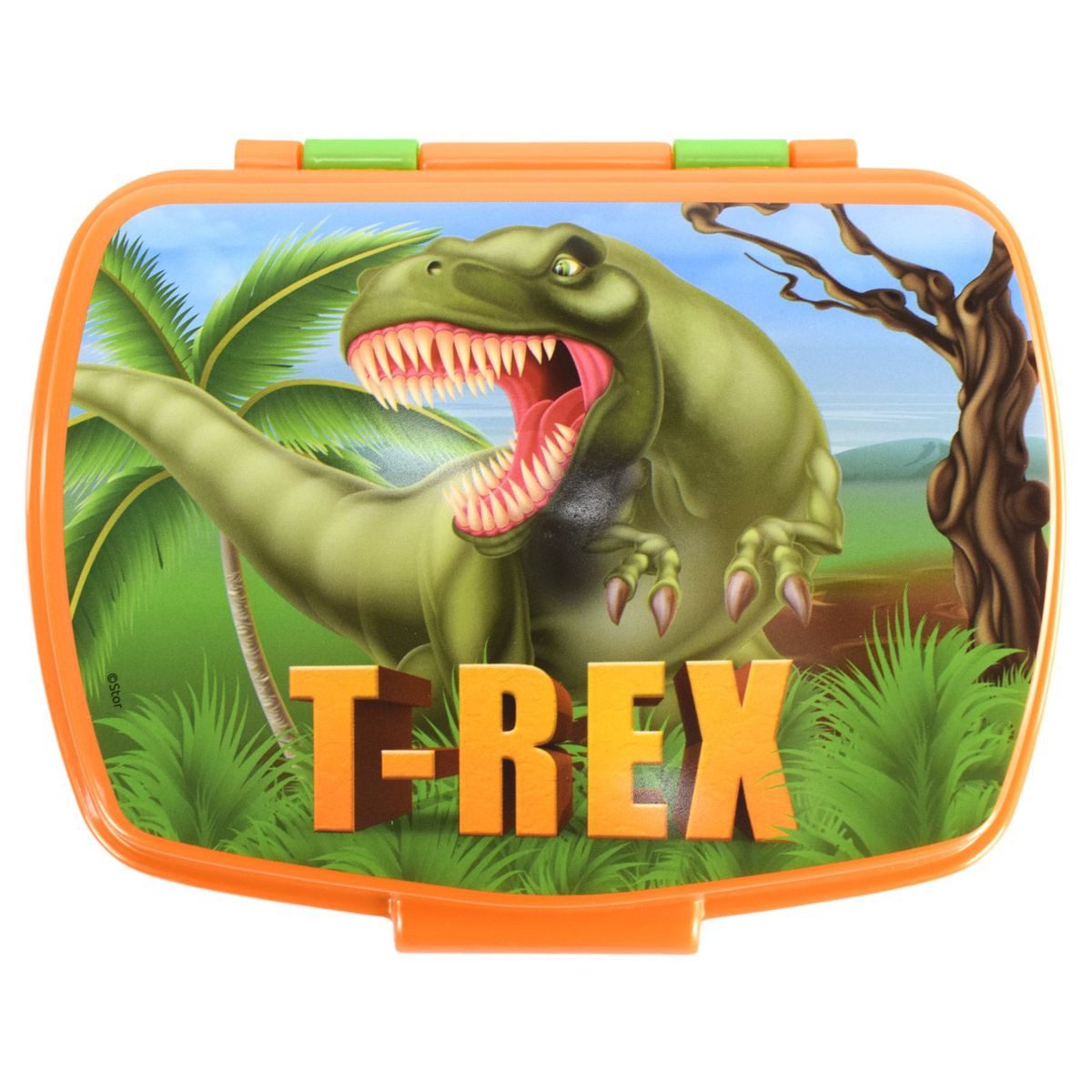 Stor Lunchbox Grün / Orangene Dinosaurier Lunchbox mit T-Rex Motiv 17,5 x 14 x 6 cm, Kunststoff, authentisches Design